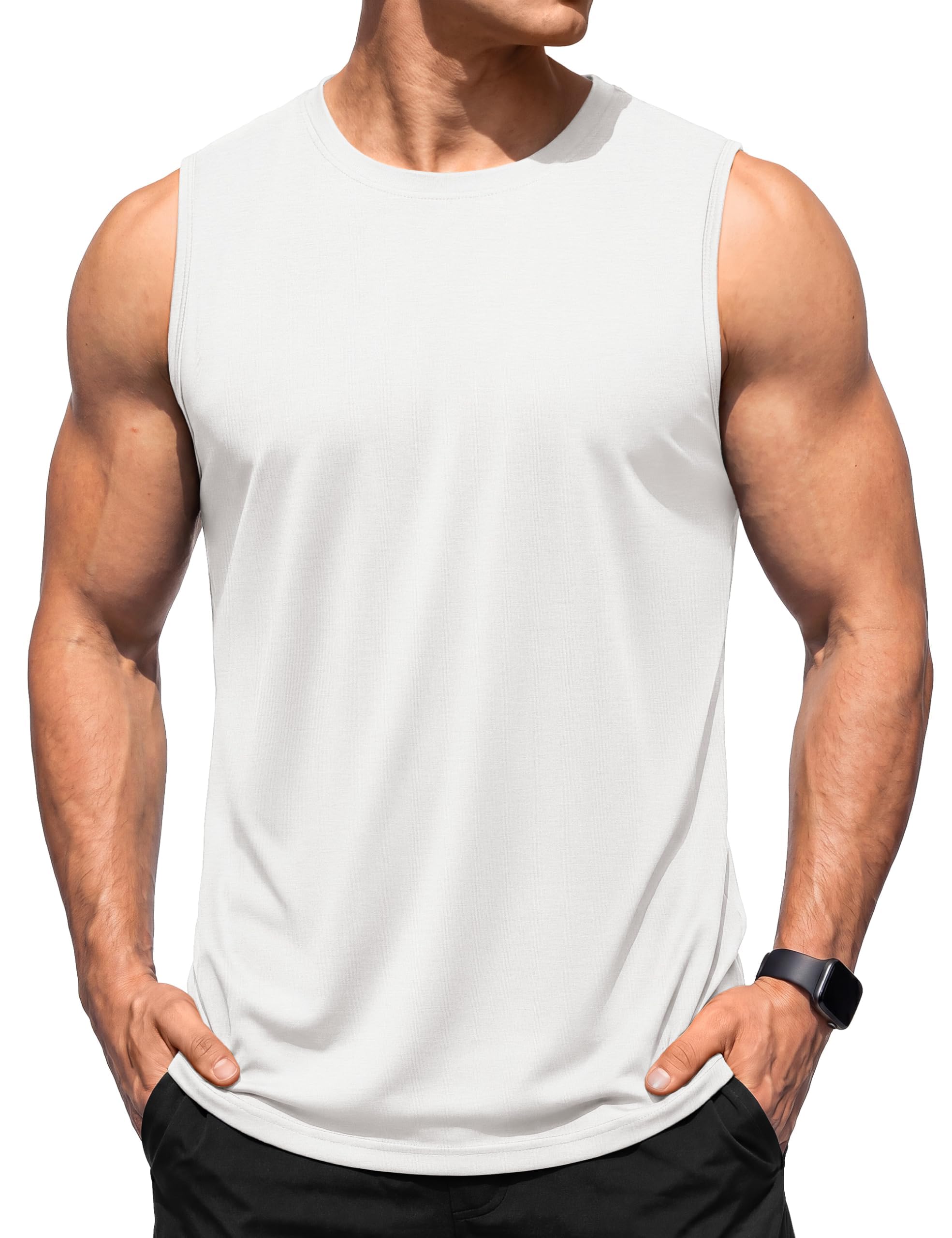 TACVASEN Ärmelloses Shirt Herren Baumwoll Fitness Tanktop Slim Fit Achselshirt UPF 50+ Outdoor Atmungsaktives Weiß M