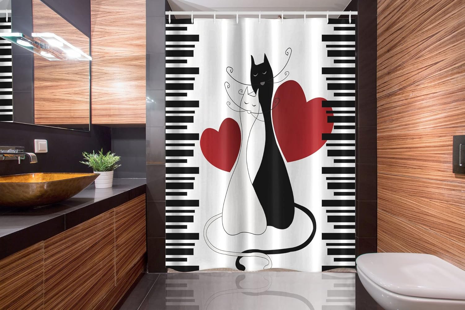 Ambesonne Cats Stall Shower Curtain, Romantic Kittens Pets Couple 2 Tails Hearts and Black Stripes Animals in Love, Fabric Bathroom Decor Set with Hooks, 54" W x 78" L, White Black Red