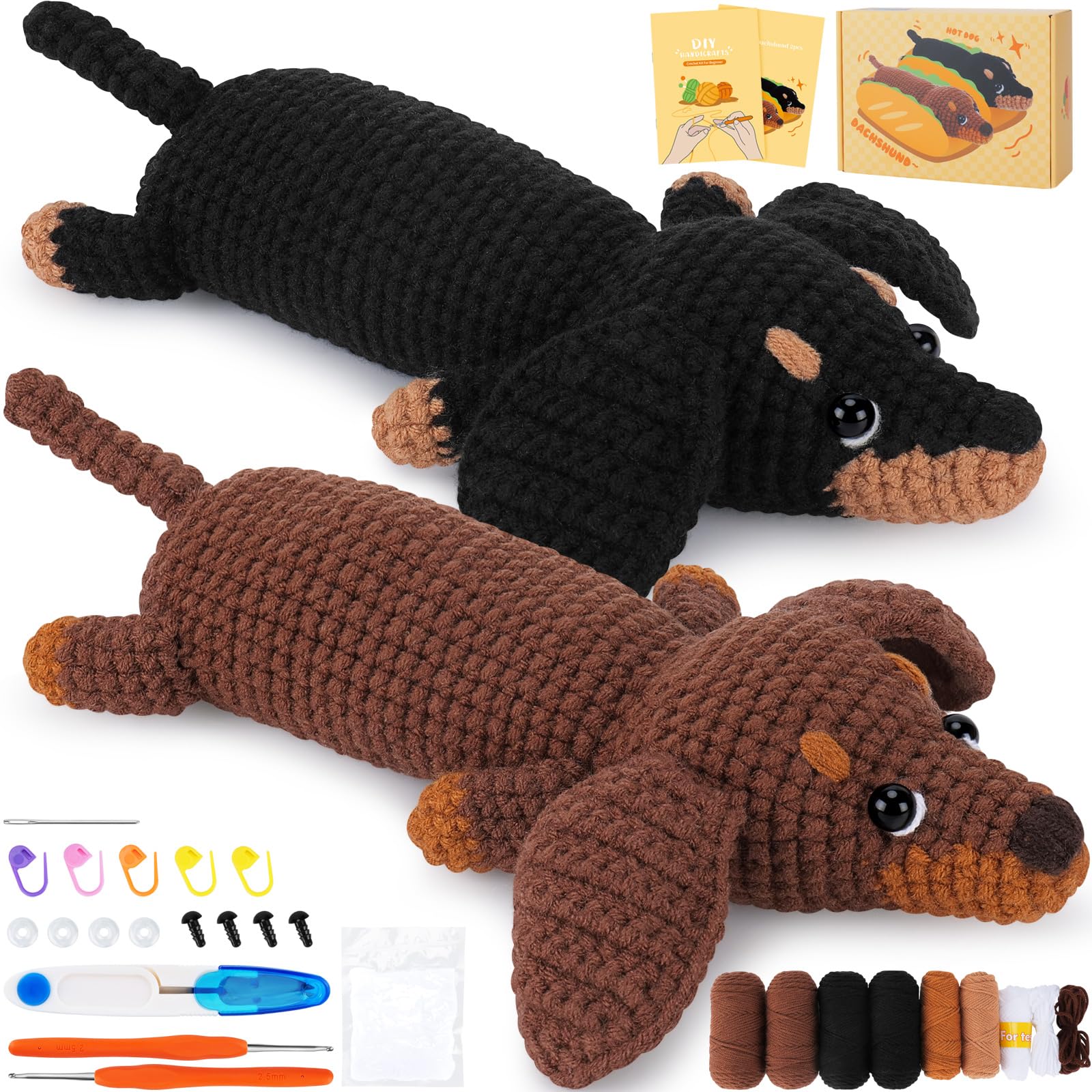Crochet Kit for Beginners - 2 PCS Dachshund Crochet Kits with Step-by-Step Video Tutorials, Beginner Crochet Kit for Adults, Crochet Animal Kit for Kids, Dog Crocheting Set (Brown & Black)