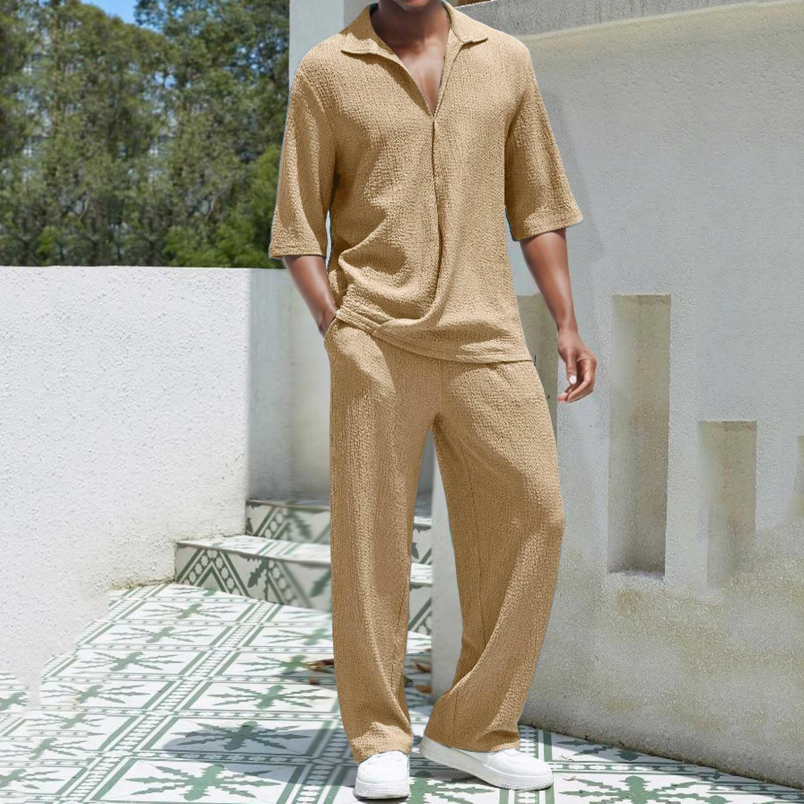 Herren Sommer Leinenanzug 2-teiliges Outfit Kurzarm Button Down Shirt Lose Hosen Sets