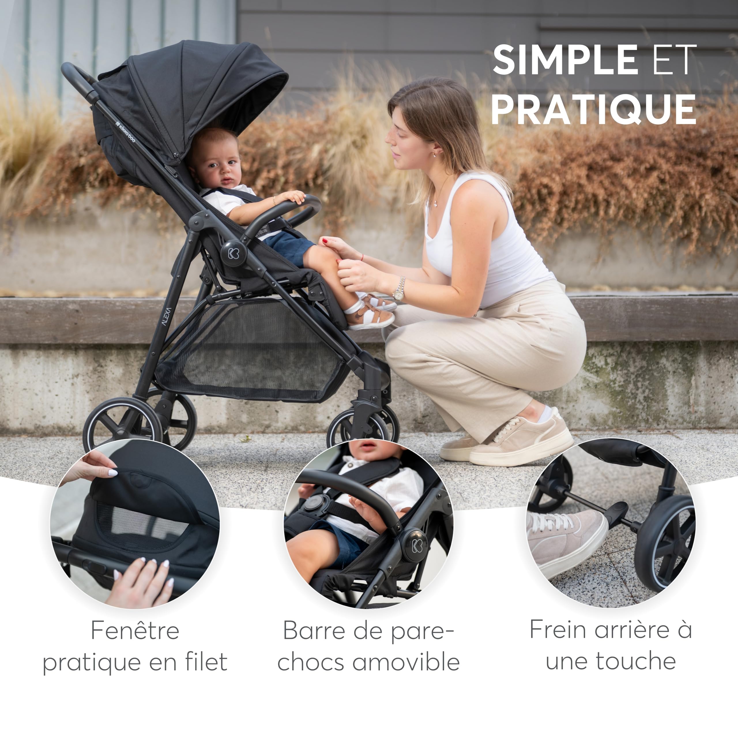 Poussette KikkaBoo ALEXA, poussette bébé jusqu'à 22 kg, légère, compacte, pliable d'une seule main, dossier inclinable, repose-pieds réglable, harnais à 5 points, Noir