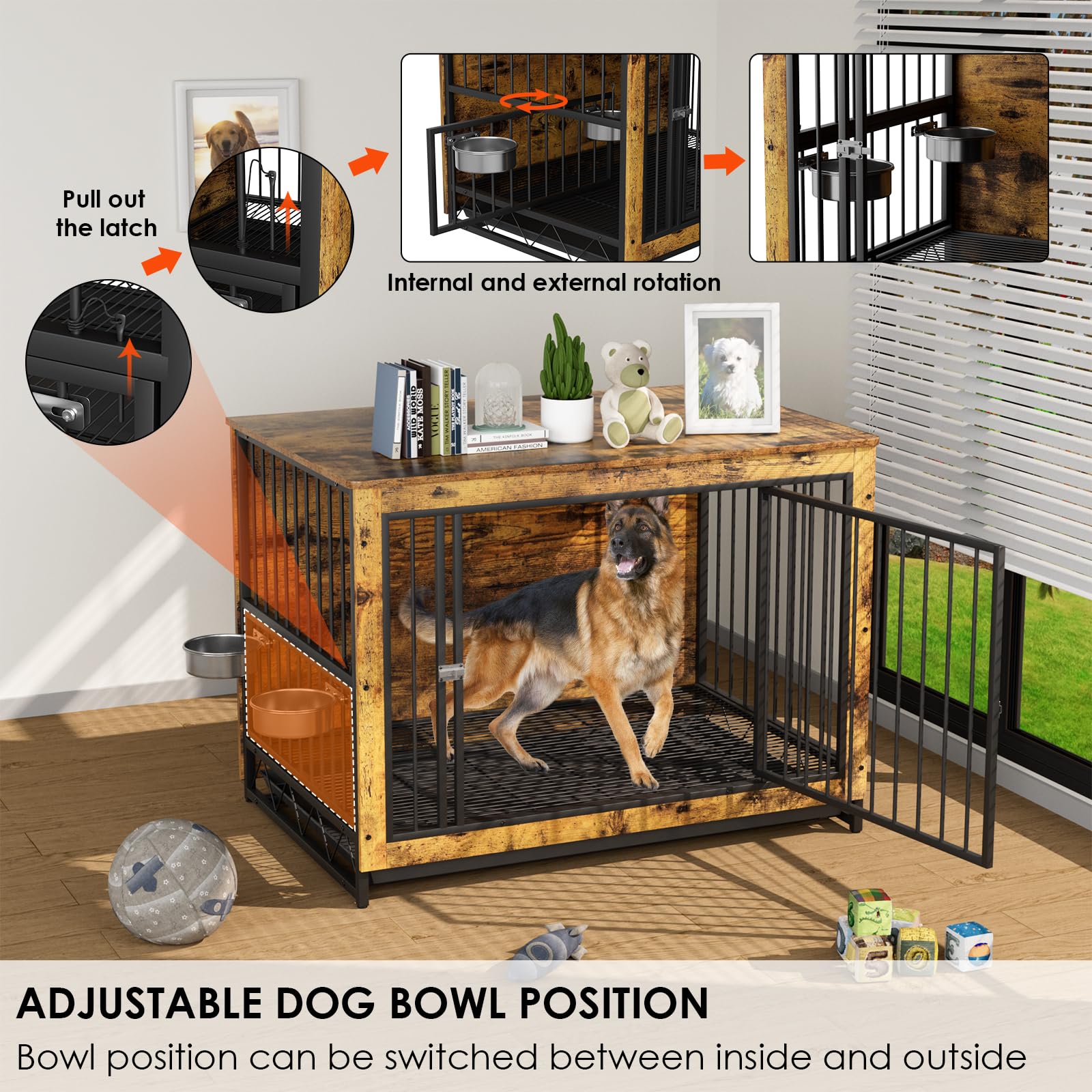 MAMIZO Gabbia per Cani Interno 93x64x58 CM, Tavolino, Armadietto, Casetta per Cani con 2 Ciotole e Porte, Kennel Cane con Vassoio Estraibile, gabbia cane Medio Piccolo, Colore Legno