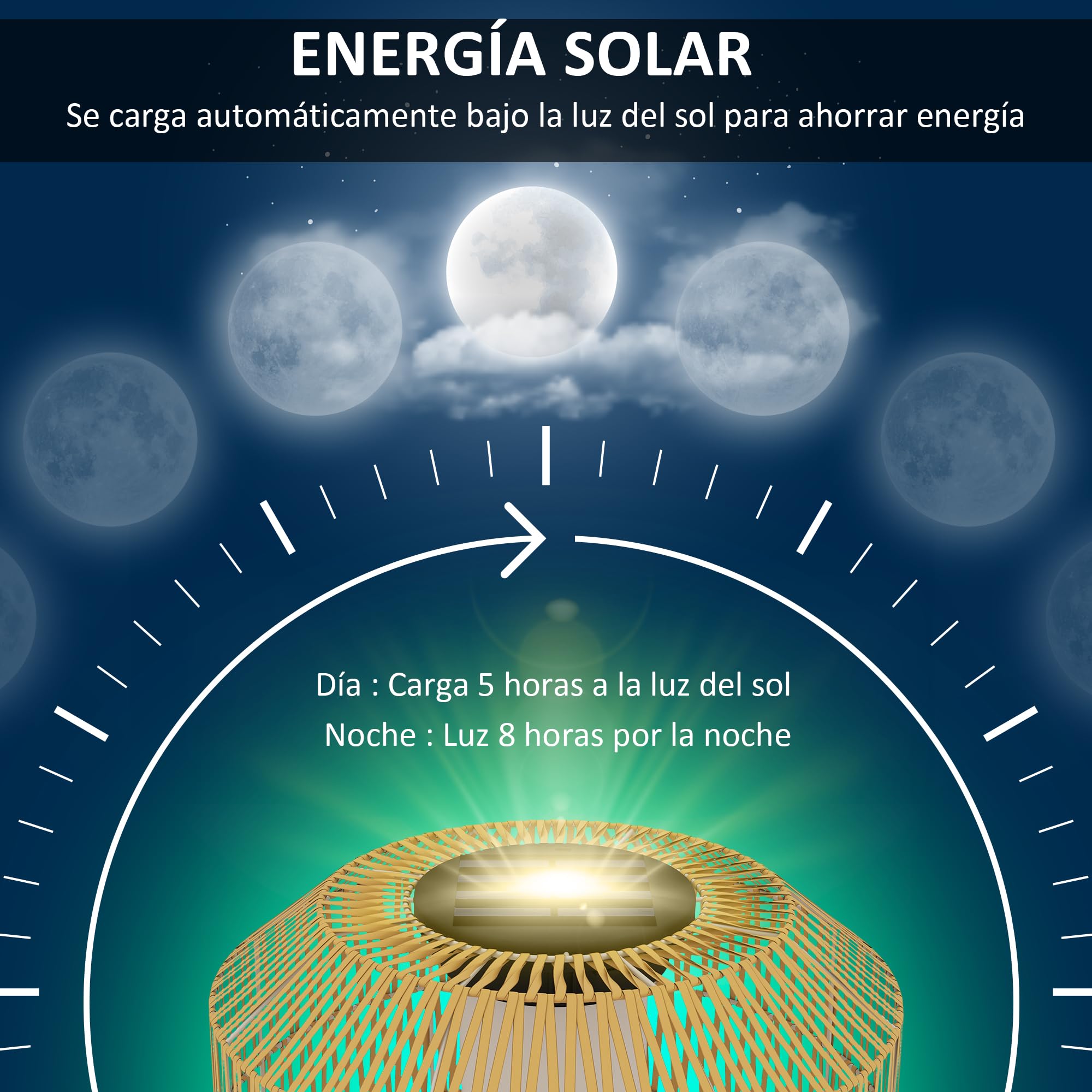 Outsunny Linterna de Jardín de Ratán Sintético Farola Solar con Luces LED Encendido y Apagado Automático Impermeable Estilo Bohemio para Patio Terraza Balcón Ø30x55 cm Natural