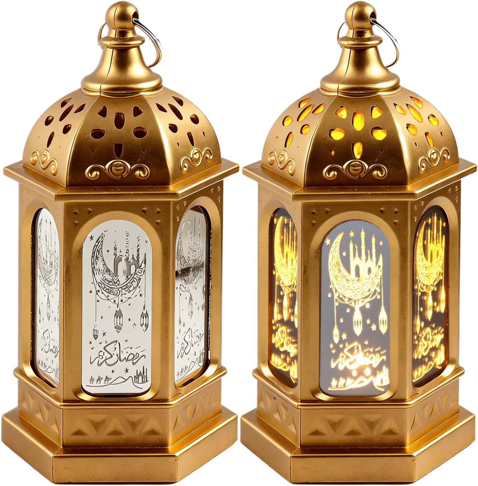 2PCS LED Ramadan Lantern Lights Gold Moon Castle Meteor Design for Eid Mubarak Gifts Home Decorations Table Wall and Eid Centerpieces（Gold）
