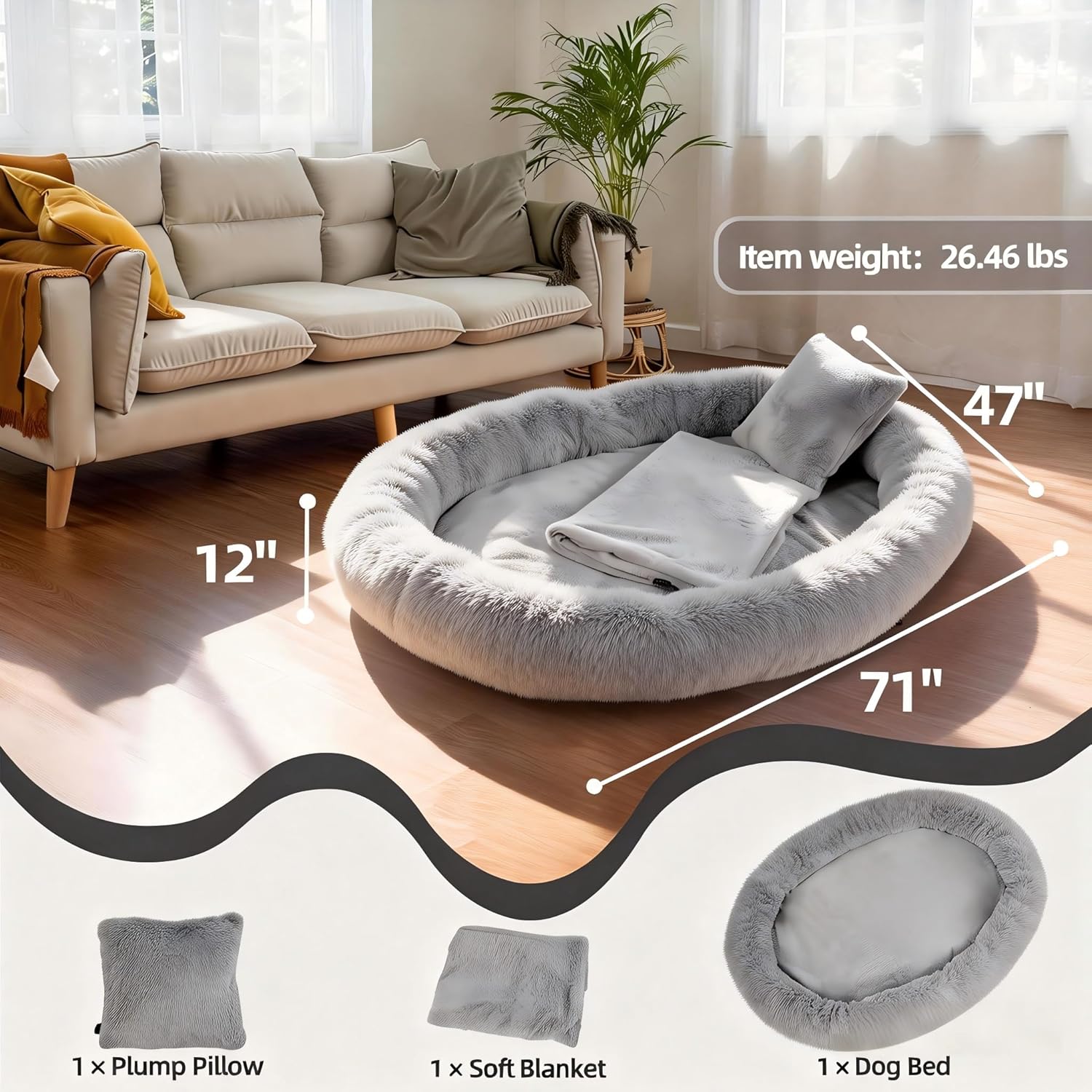 Elevon Human Dog Bed for Adults, 71"x47"x12" Large Size Dog Bed with Soft Blanket & Pillow, Comfort Washable Faux Fur Fluffy NEP Bed for People, Removable Memory Foam, Gray