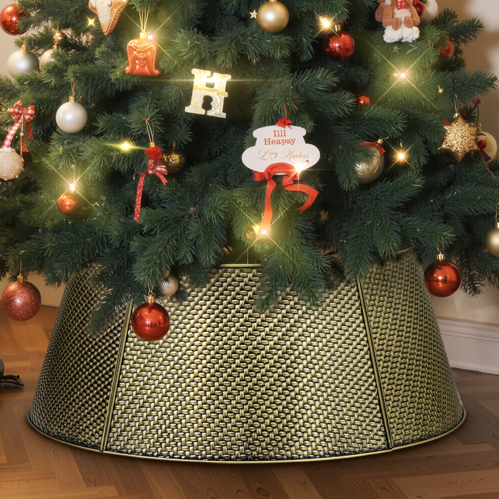 Lanpn Metall Weihnachtsbaum Kragen 70cm, Weihnachtsbaum Halsband Christmas Tree Collar Für Mittelgröße M Wetterfest Für Kunstbäume Innen Außen - Weihnachtsdekoration (Gold, Köperbindung)
