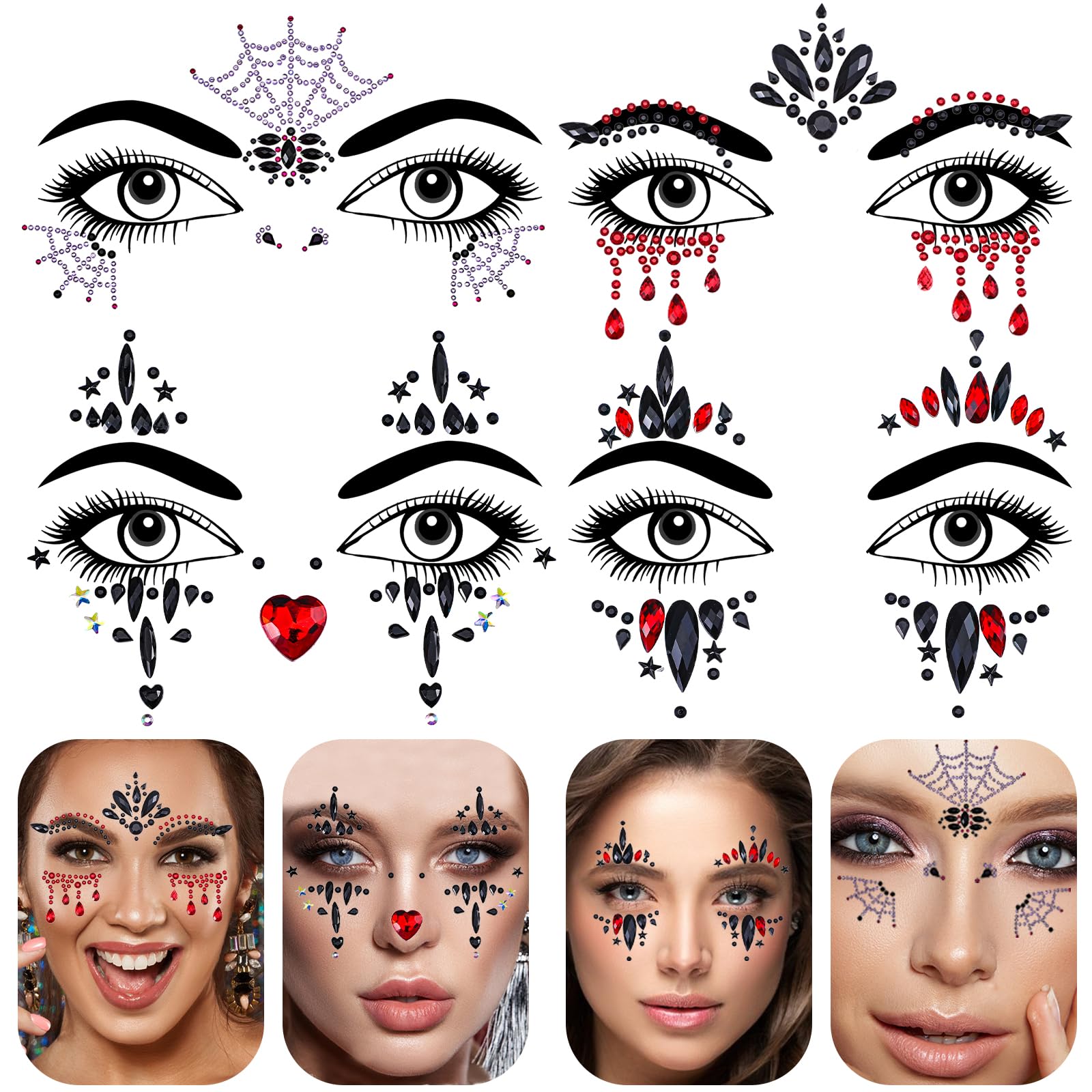 4 Sets Body Jewels Aufkleber – Kristall-Strass-Sticker Für Körper, Temporär, Für Party, Halloween, Festival, Make-up (ca. 7x7cm, Acryl, Silber)