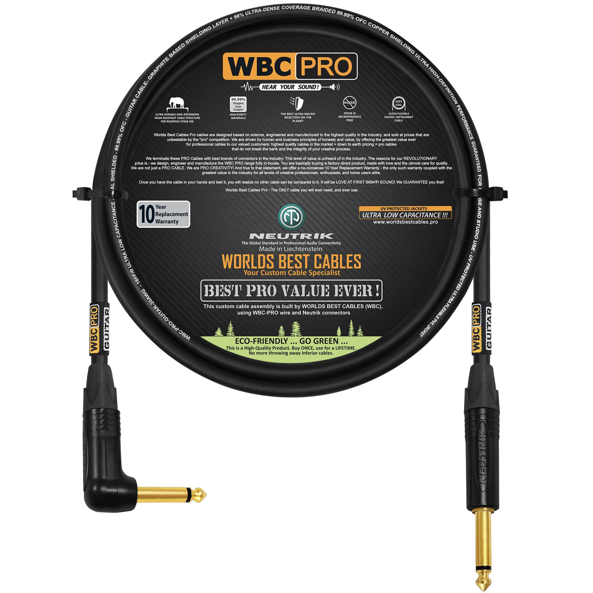 WBC-PRO-Guitarra de 2 pies, 20 AWG, tapa baja (18 pF/pie), grado profesional, a base de grafito, cable blindado doble para guitarra, bajo, instrumento con conectores Neutrik recto a ángulo de 6,35 mm