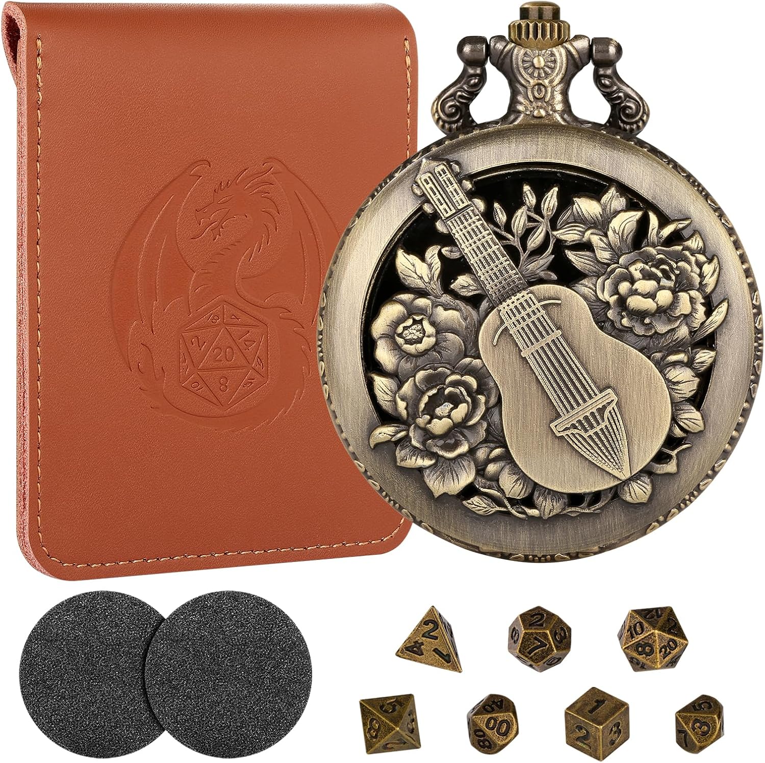 Bronze Mini DND Dice Set with Hollow Bard Pocket Watch Shell Case, Steampunk DND Gifts with Dice Bag, 7pcs Polyhedral Metal Dice Set, D&D Starter Set, Role Playing Board Games Accessories, Bard Gift