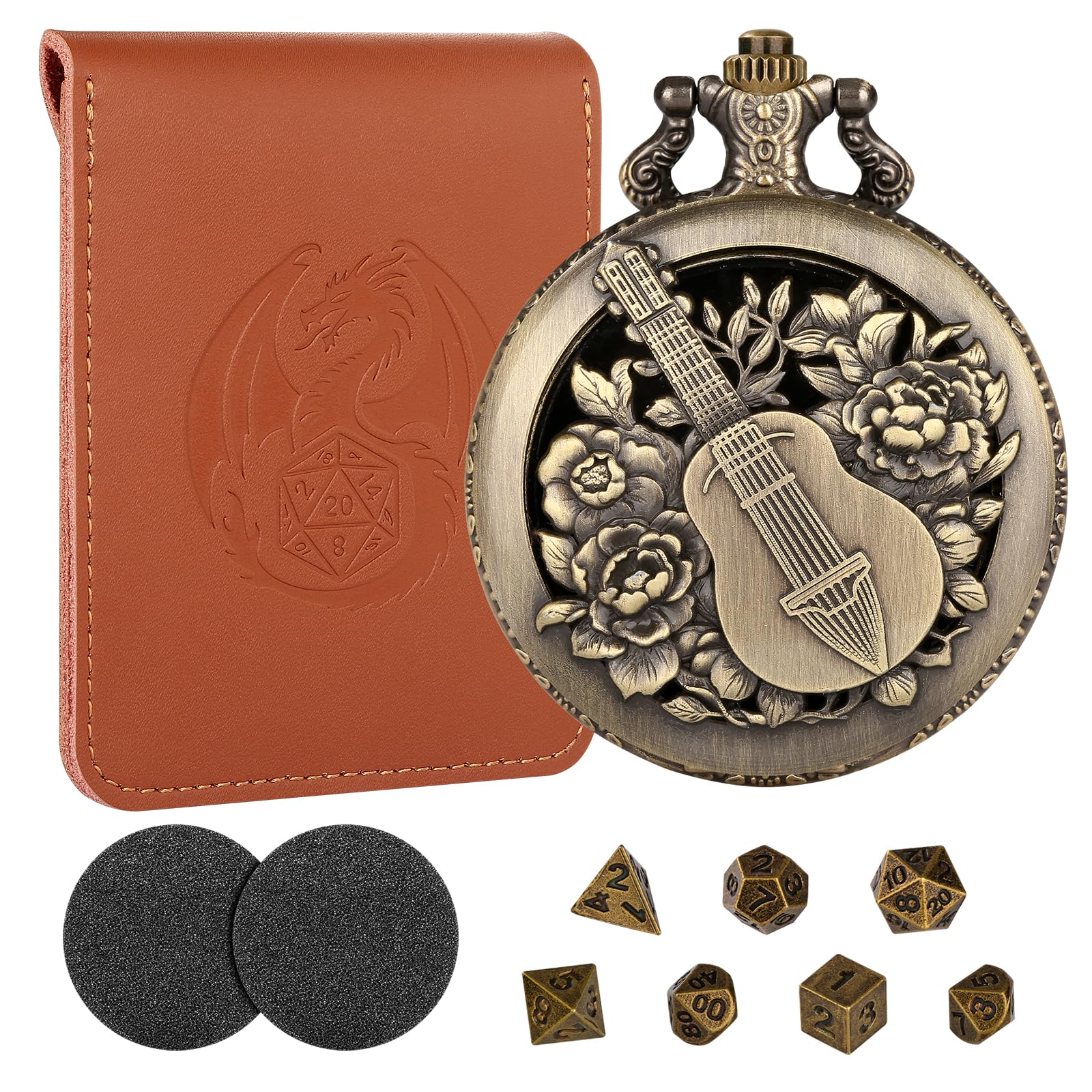 Mini DND Dice Set with Bronze Steampunk Hollow Bard Pocket Watch Shell Case, D&D Gifts with Dice Bag, 7pcs Polyhedral Metal D&D Dice Set, DND Starter Set, Role Playing Board Games Accessories