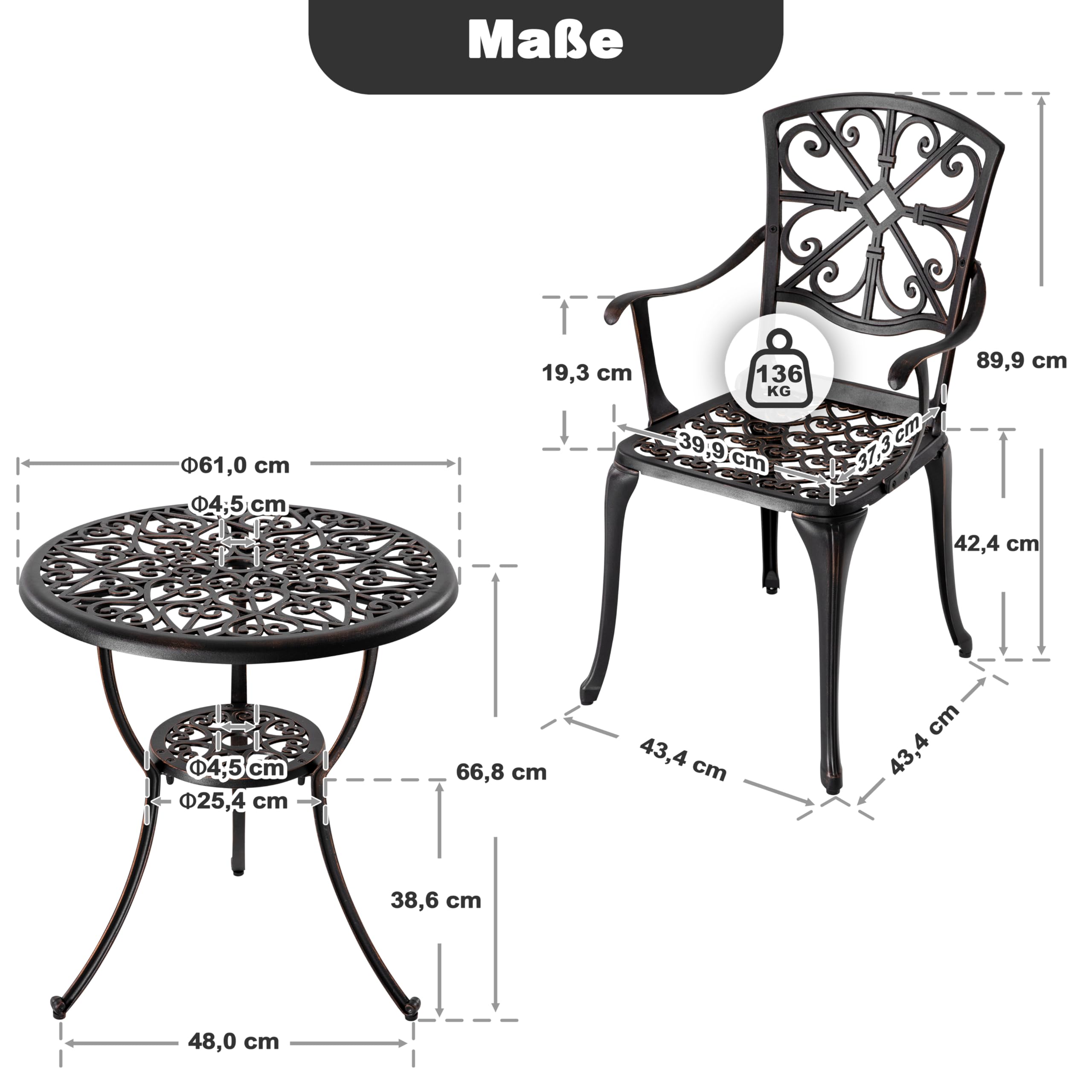 Avestar 3-teiliges Outdoor Bistro Set, Gartenmöbel, Balkonmöbel Set, runder 60 cm Bistrotisch aus Aluminiumguss, mit Schirmloch, 2 Balkonstühlen, für Terrasse, Schwarz (Mit Armlehnen)