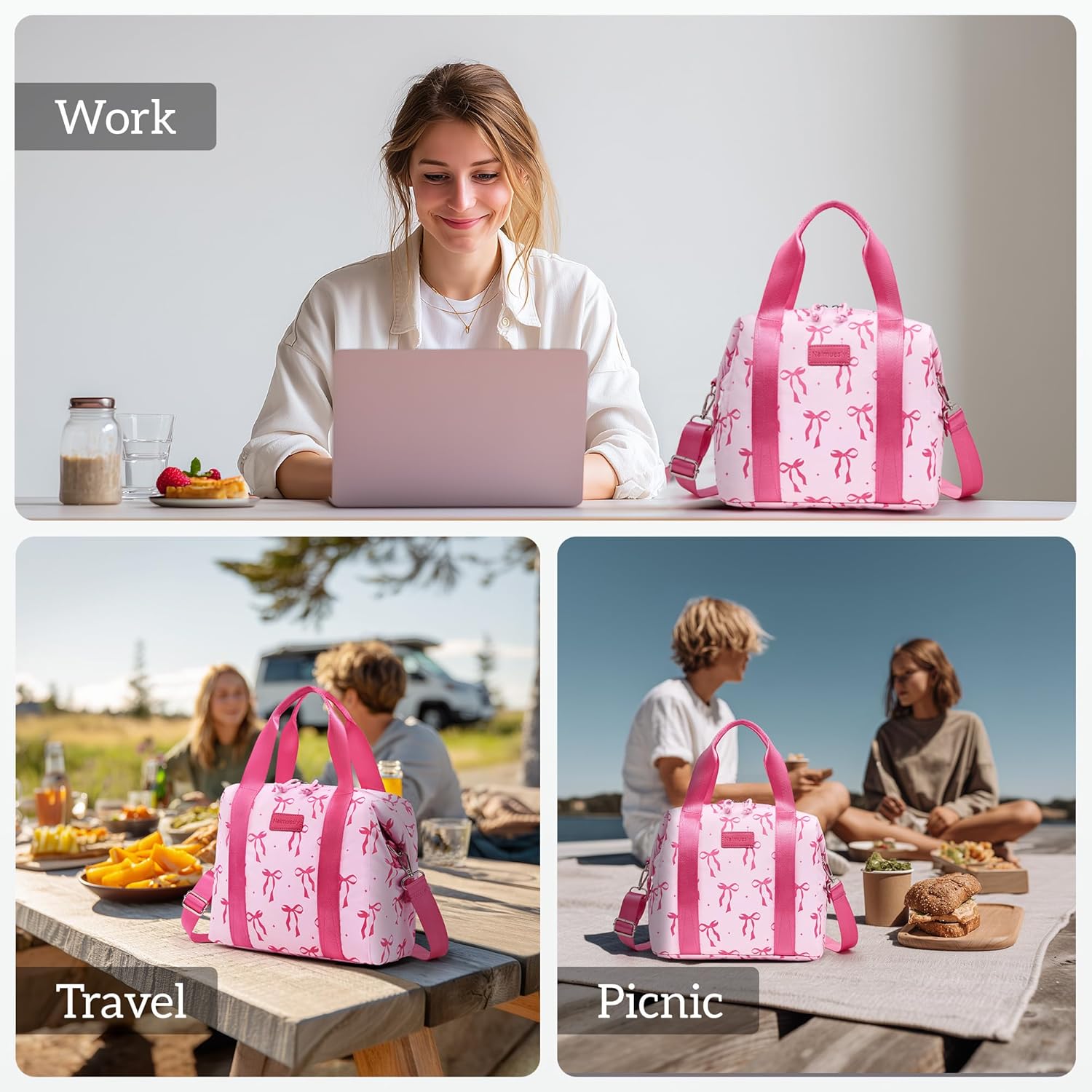 Lunch Bag Women Insulated Lunch Box,Cute Large Lunch bags,Reusable Leakproof Cooler Bag with Adjustable Shoulder Strap, Aesthetic Lunch Tote for Work Office Picnic Pink bow - Image 8