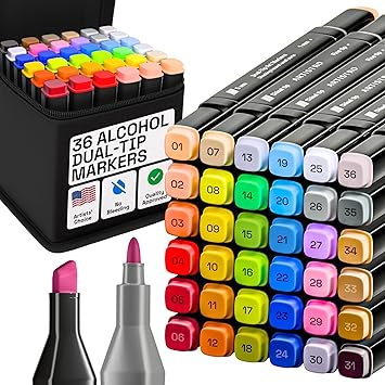 Alcohol Dual Tip Markers Set of 36 with No Bleed Ink, Bonus Case and Vibrant Fade-Resistant Colors, Art Supplies for Sketching, Manga, Drawing, Adult Coloring Books, Card Making Fine & Chisel