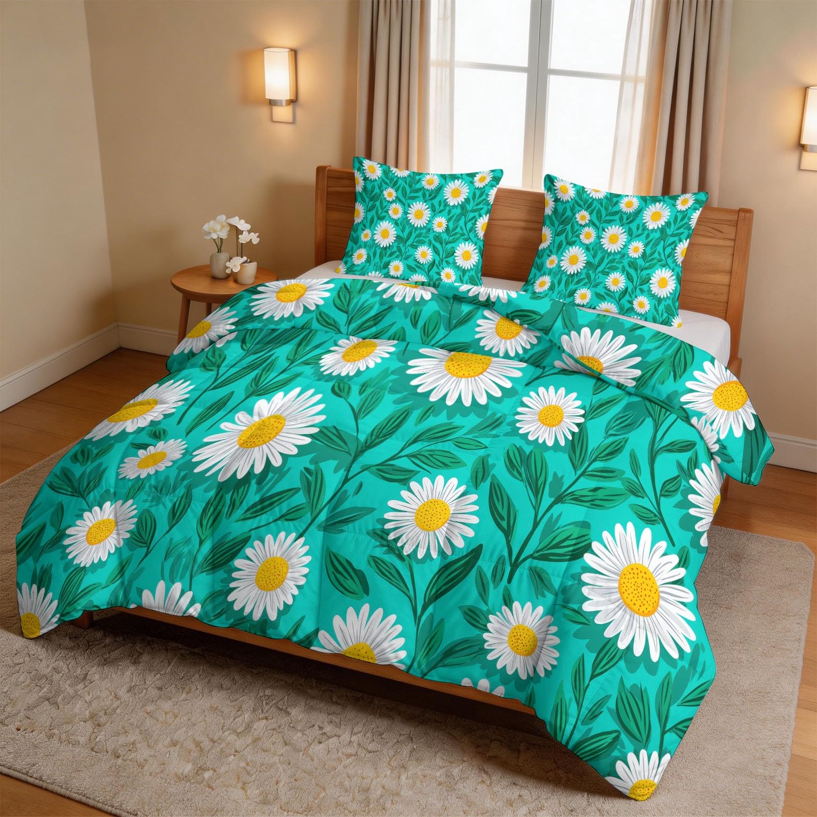 Generisch Bettdecke ohne Bezug 135 x 200 cm Set mit 2 Kissenbezügen, Ganzjahresdecke Waschbare Steppdecke, 3-teilige Botanisch Gänseblümchen Blume Wendebettdecke beidseitig identisch, Dunkelgrün