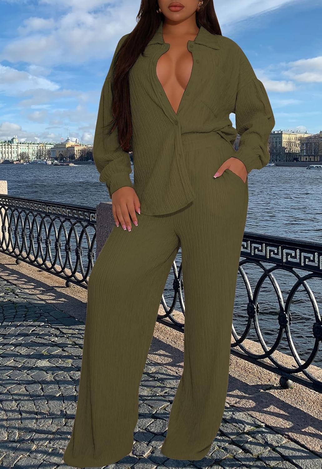 TodTan Two Piece Sets for Women Long Sleeve Button Down Shirt Wide Leg Pants Casual Vacation Outfits Loungewear Tracksuit - Image 6