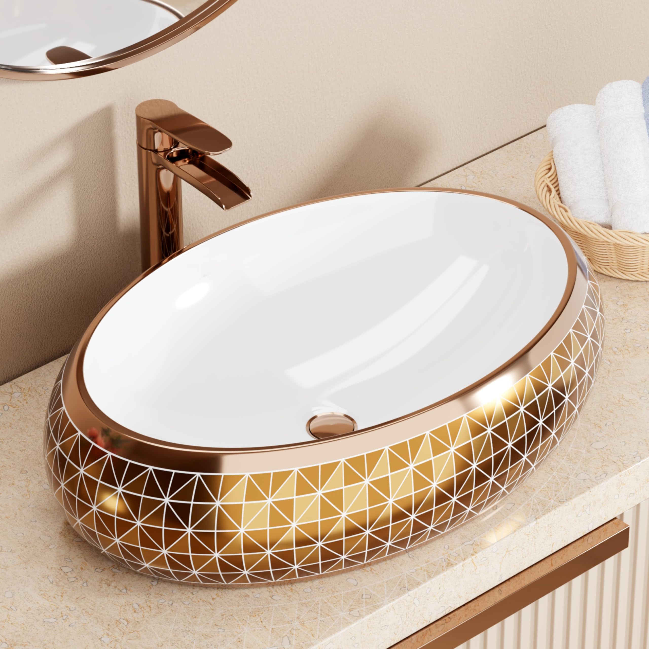 BASSINO Table Top Wash Basin - White & Rose Gold -17