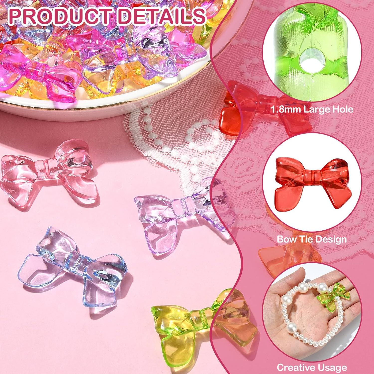 DanLingJewelry 200Pcs Random Acrylic Bow Knot Tie Beads - Colorful Transparent Bow Beads for Bracelet & Necklace Making - Image 3