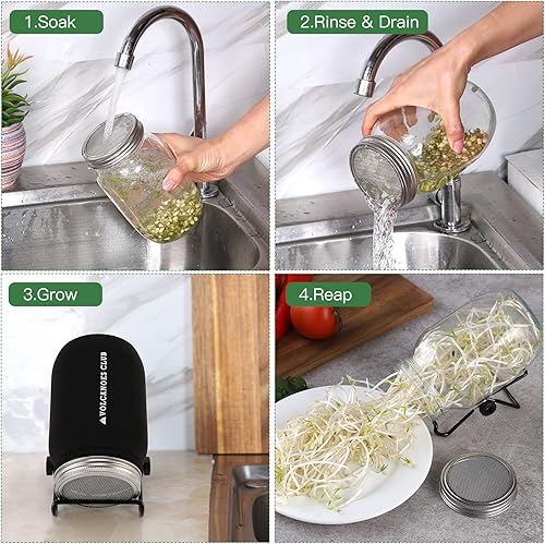 Miniatura 6 de Kit de cultivo de tapas germinadas, tapas de brote de acero inoxidable 316 para tarro Mason de boca ancha de 3.386 in con soportes ajustables,