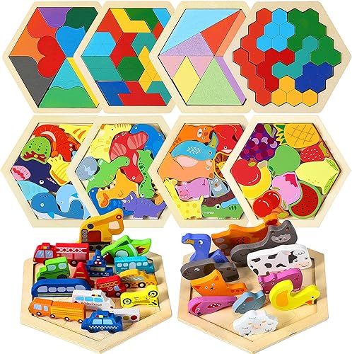 Liliful Paquete de 10 bloques hexagonales de madera Tangram Puzzle Brain Teaser Patrón de forma de rompecabezas Bloques rusos Lógica Geométrica IQ