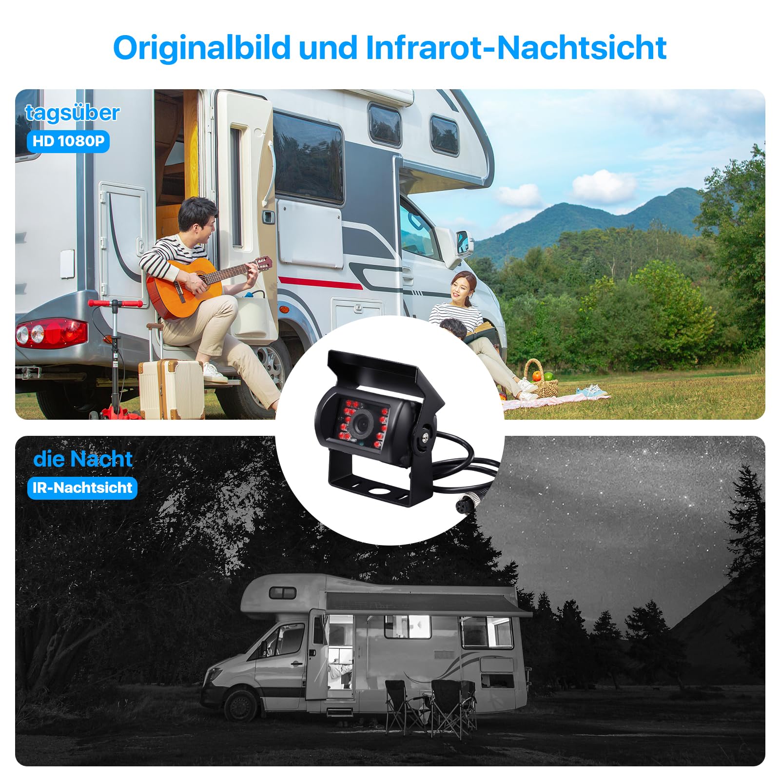 7 "1080P HD, visione notturna a infrarossi, IP69K, antipolvere, impermeabile, cavo da 15 m, supporta doppi canali, aiuto per parcheggio per camion/roulotte rimorchi