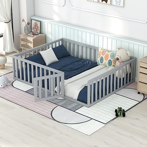 Harper & Bright Designs Cama de suelo con rieles, marco de cama de madera tamaño Queen con valla y puerta, para niños y niñas (gris)