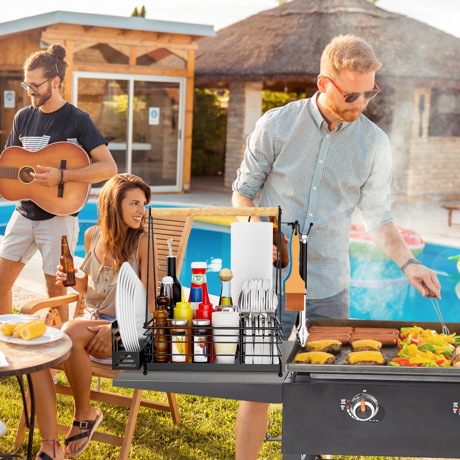 Organizador para parrilla, organizador de barbacoa para parrilla al aire libre con soporte para toallas de papel, almacenamiento de utensilios de condimentos de picnic para campamento al aire 2