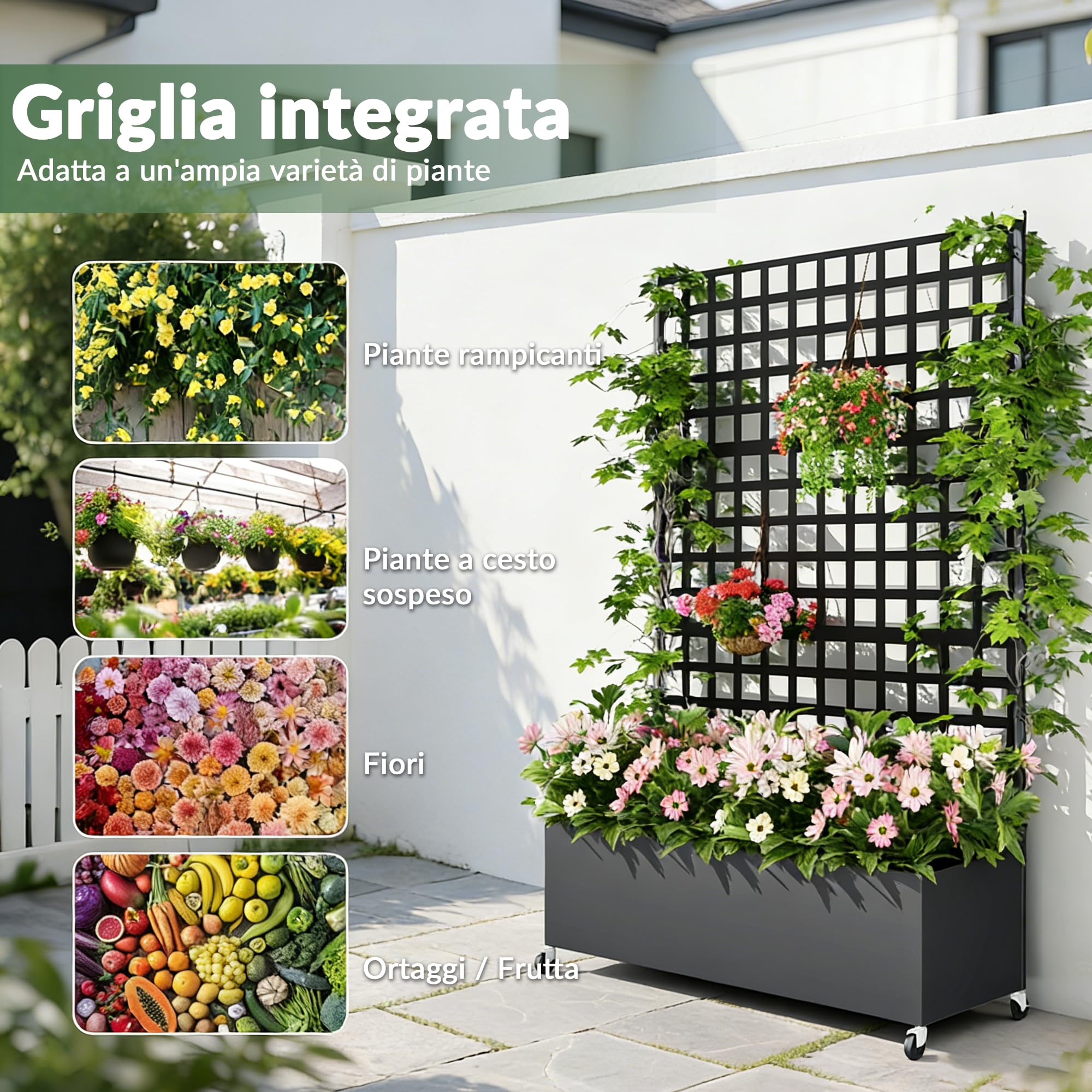 Vaso rialzato metallico 33 cm con schermo privacy, traliccio rampicante e ruote, antiruggine resistente intemperie, autoportante per fiori pomodori piante rampicanti (2 Pezzi)