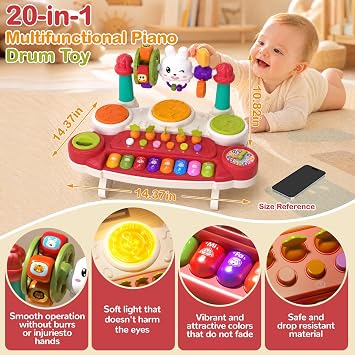 20-in-1 Musical Piano Keyboard Toy, Drum Set for 3+, Red