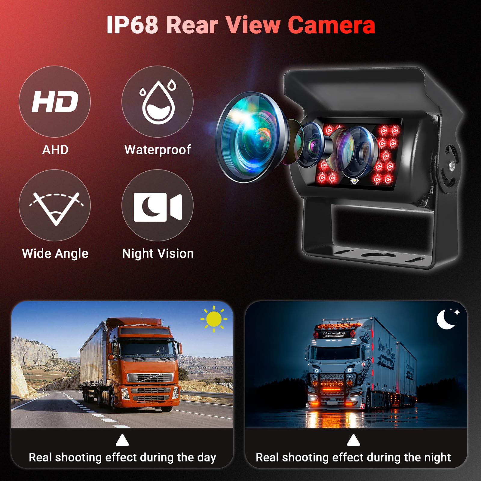 Hikity 12-24V Cámara de Marcha Atrás 7 Pulgadas LCD Monitor, IP68 Impermeable Cámara de Visión Trasera, Visión Nocturna Camara Trasera de Coche para Camiones, RV, Furgonetas, Caravanas