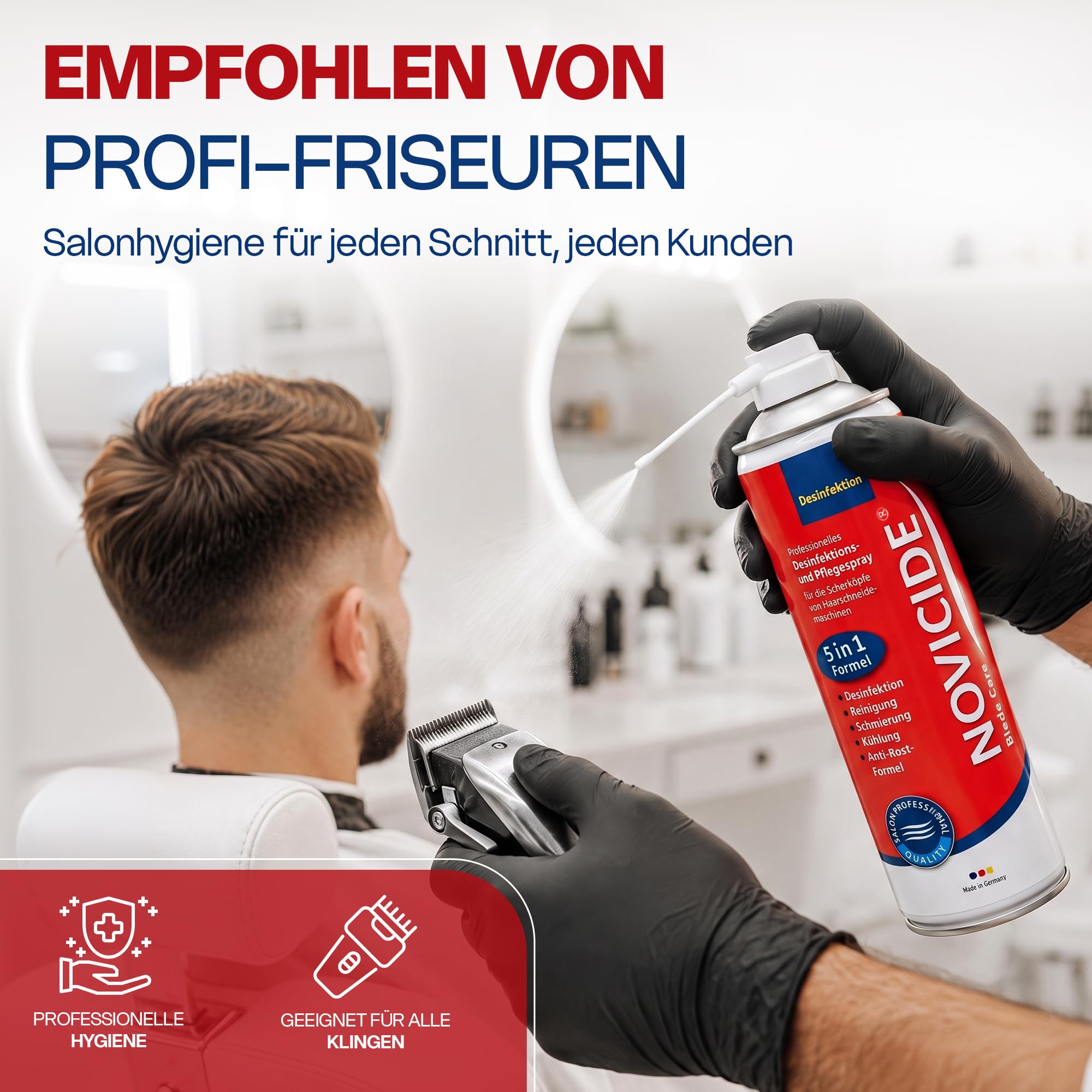 Blade Care Spray 5in1 2x500ml Desinfektion Haarschneidemaschine | Desinfiziert nach EU-Hygienestandard gegen Viren, Bakterien & Pilze. Nur 3 Min. Einwirkzeit - kein klebriger Ölfilm danach.