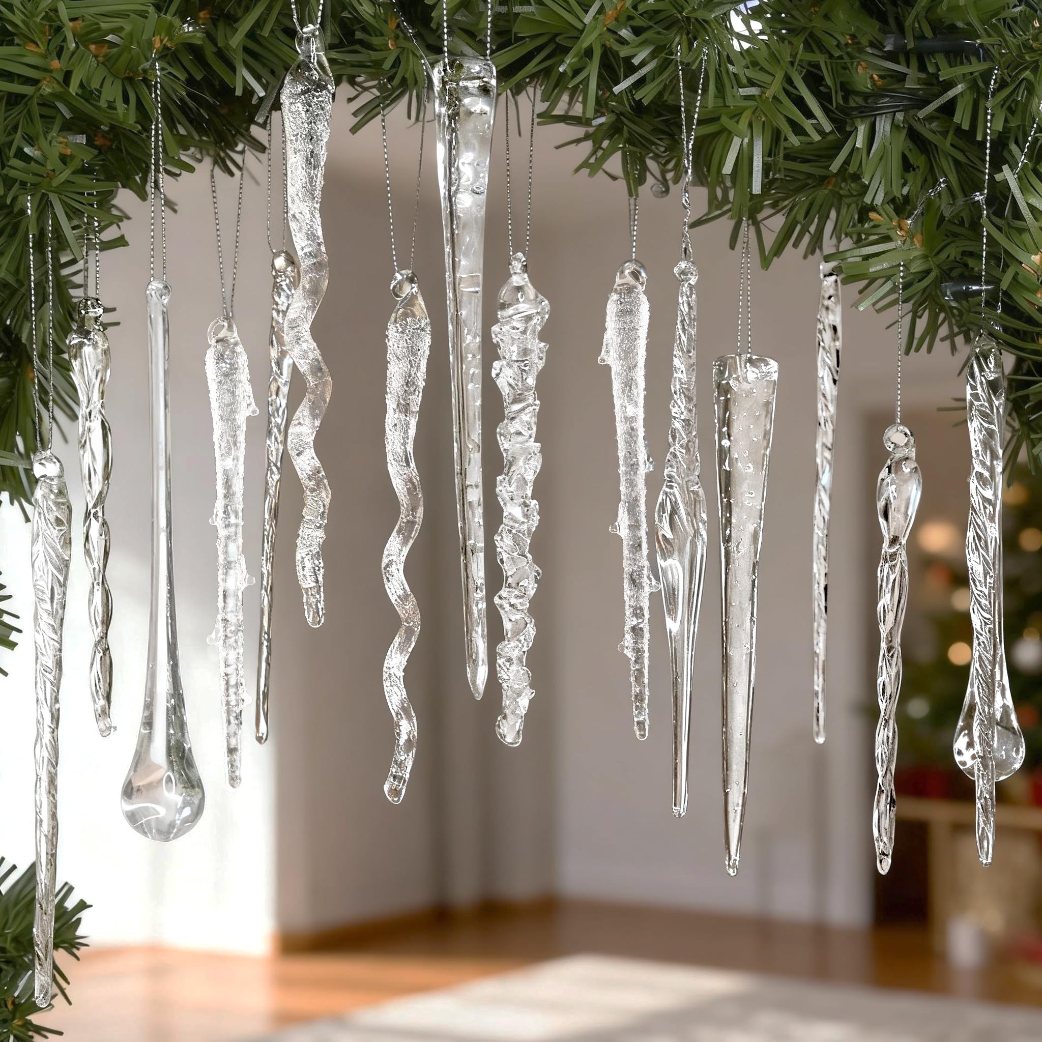 Glas-Eiszapfenornamente für Weihnachtsbaumschmuck, 32 Stück, klares Glas, Eiszapfen, Hängeornamente, Anhänger für Weihnachtsbaum, Frozen, Winter, Hochzeit, Neujahr, Party, Heimdekoration, 9 Designs