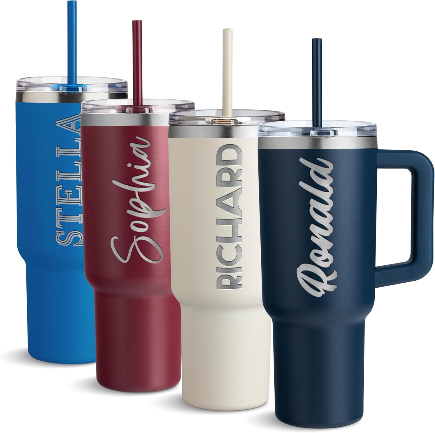 Be Burgundy Personalized 40 Oz Tumbler with Handle & Straw, Engraved Stainless Steel Coffee Mug, Insulated Travel Gift for Him or Her - Navy Blue