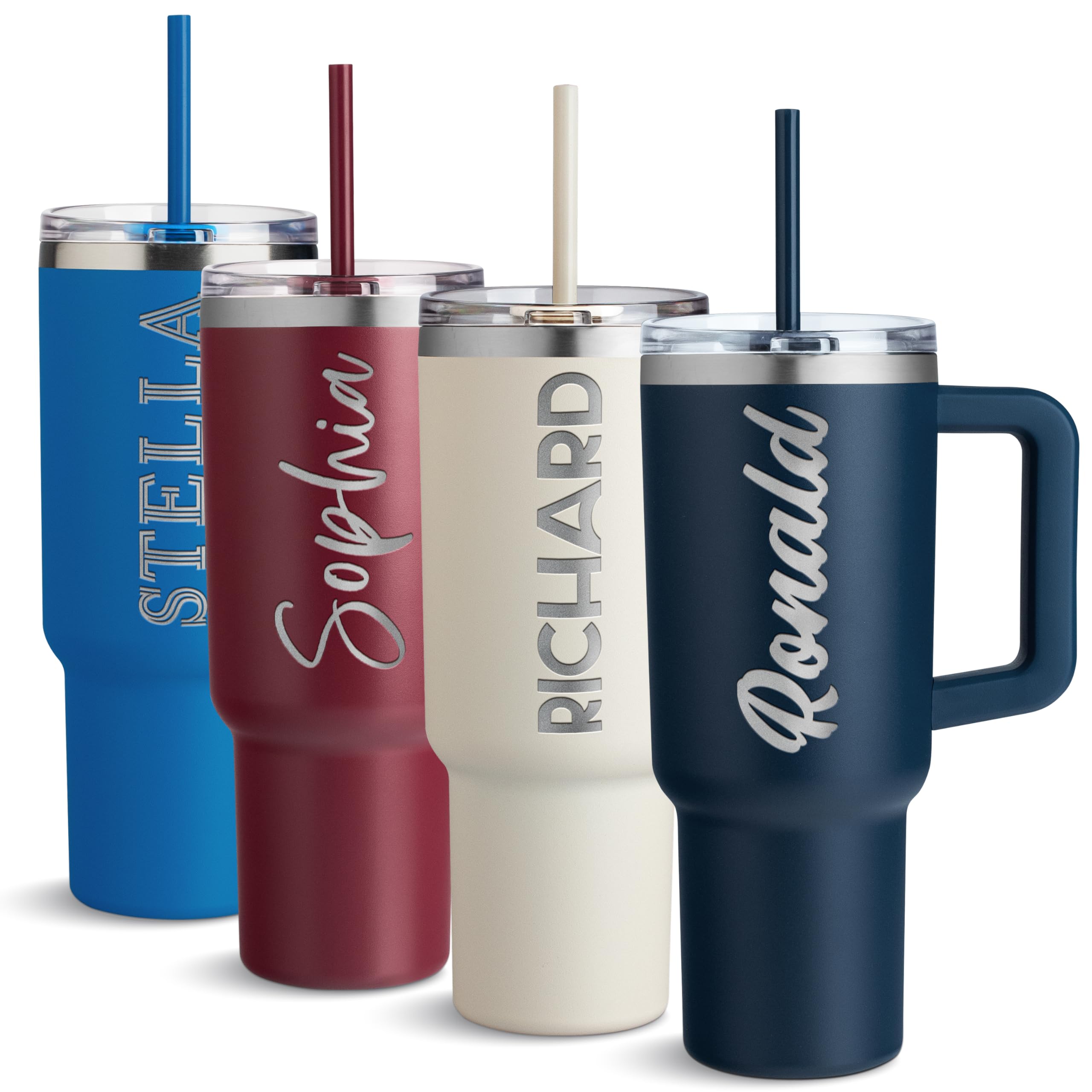 Be Burgundy Personalized 40 Oz Tumbler with Handle & Straw, Engraved Stainless Steel Coffee Mug, Insulated Travel Gift for Him or Her - Navy Blue