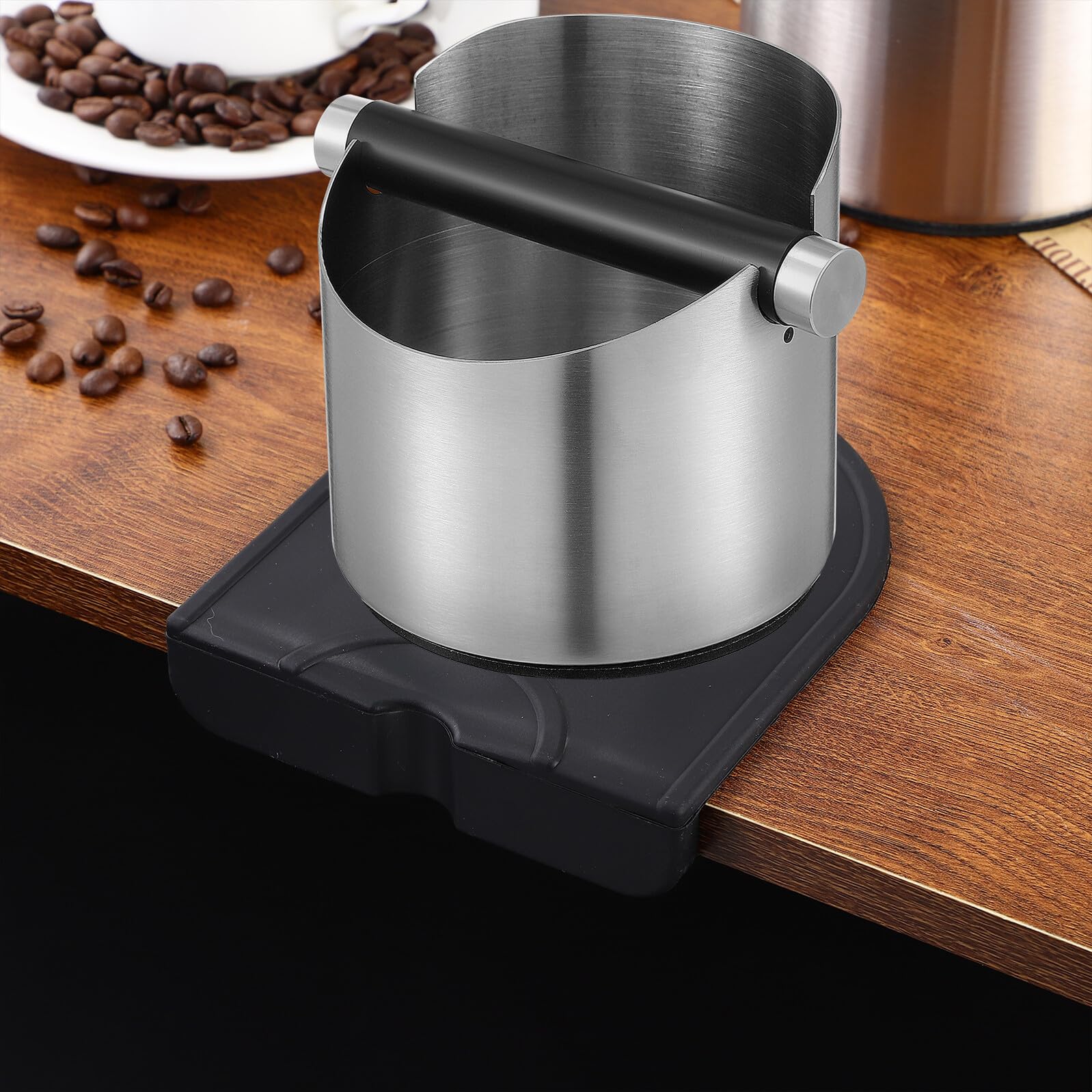 Veemoon Cubo para de Café de Acero Inoxidable 115X11 CM con Barra de Golpeo Desmontable y Base Antideslizante Negra Contenedor Práctico para Hogar Cafeterías y Bares