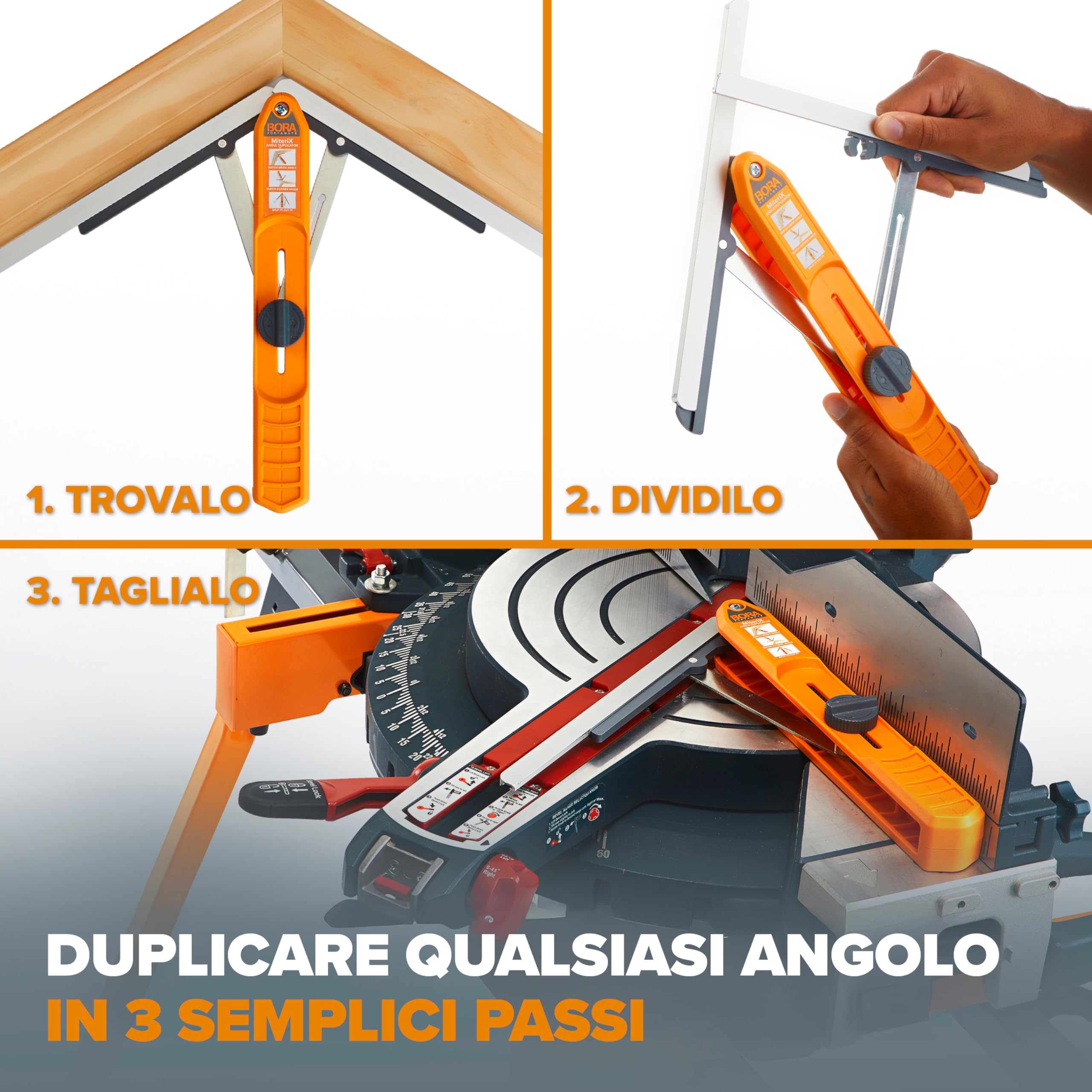 Bora 530401 Miterix. L'eccezionale strumento di misurazione del duplicatore che divide in modo da poter trasferire l'angolo esatto della mitra alla sega, argento/rosso