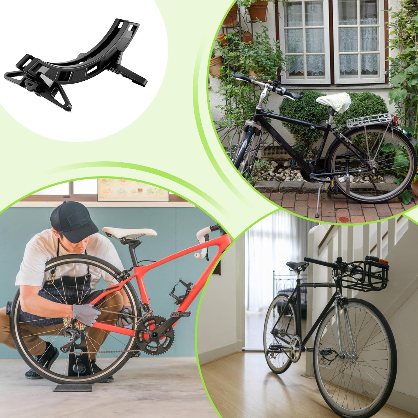 Soporte para bicicletas de suelo - Posibilidad de almacenamiento ajustable para dos ruedas, soporte de suelo para bicicletas, para negocios, garaje, apartamento, hogar, mantenimiento de ruedas