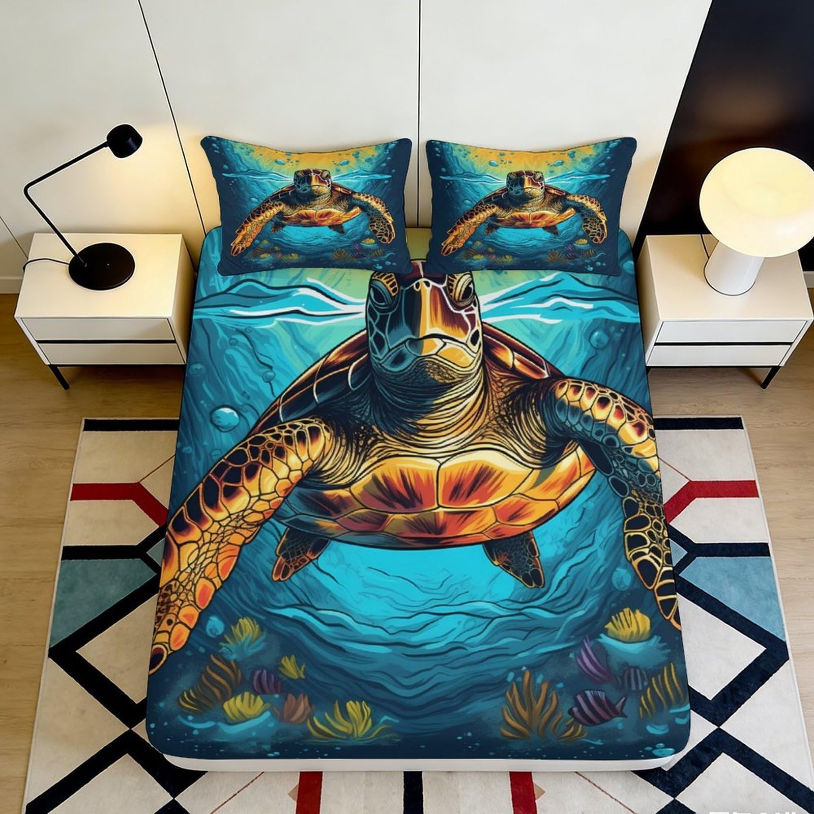 Pnayamiorkfel Style-5 3D Printed Sea Turtle Fitted Sheet Microfiber Soft Breathable Ocean Coral Bed Cover For Bedroom Guestroom Decor 90X200x25cm