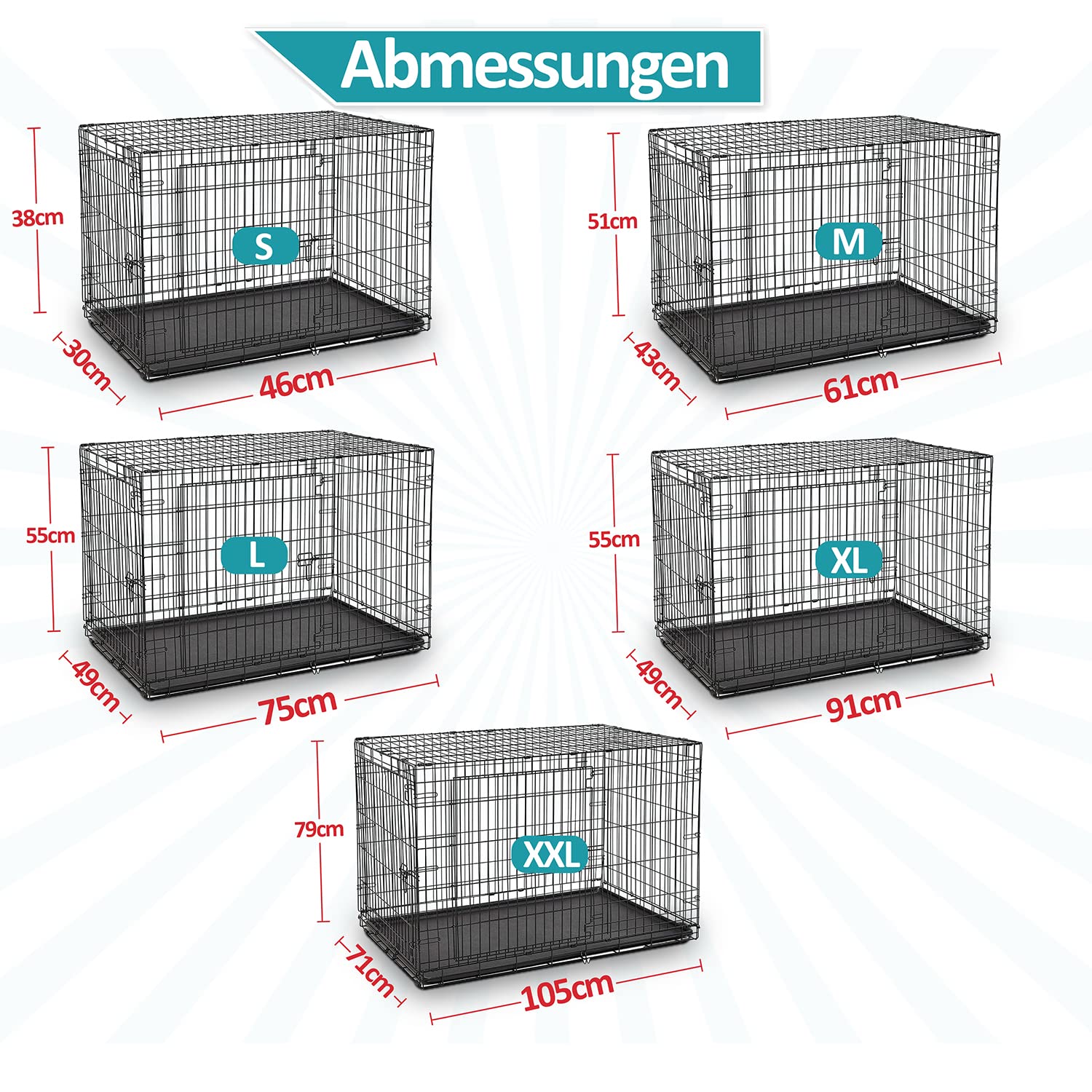 Defacto Hundebox Hundetransportbox, mit 2 Türen Faltbare Hundekäfig aus Metall schwarz, Ink. Bodenschale für deinen Hund, Hundegitterbox, Hundetransportkäfig S-XXL ((M) 61 * 43 * 51 cm)