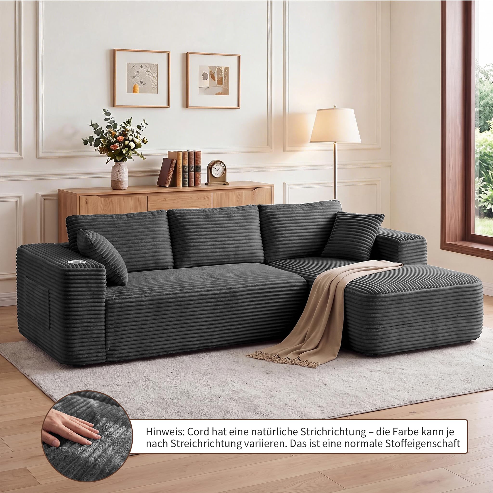 BonVache Ecksofa mit Schlaffunktion, 3-Sitzer Sofa mit Tassenhalter und Seitenfach, Cord Cloud Couch mit Nackenkissen, Tiefer Sitzfläche, L-Form Boneless Couch für Wohnzimmer, Grau