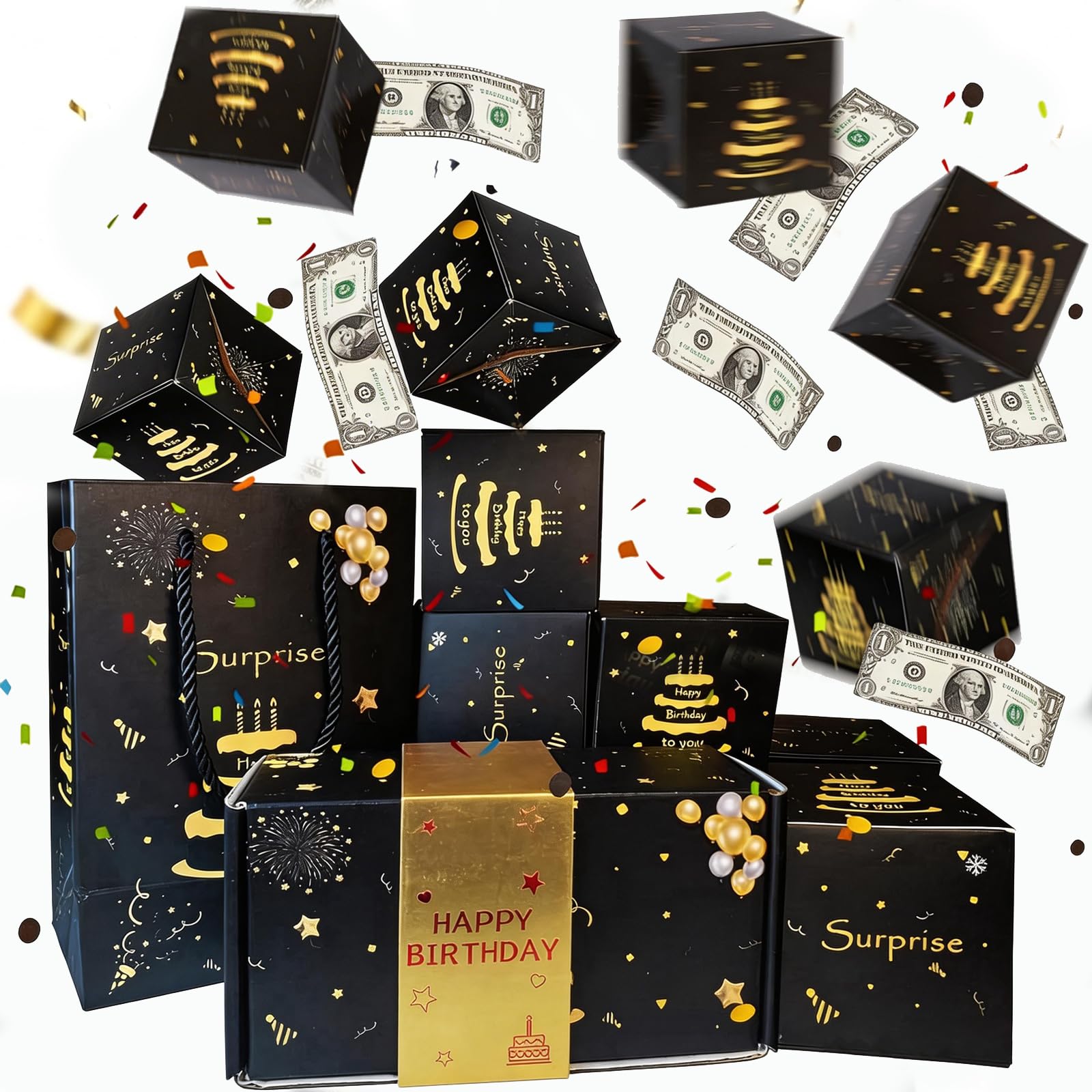 Yxelydriail Birthday Pop Up Explosion Gift Box, Black Gold Surprise Explosion for Money, Folding Bouncing Cash Boxes Money with 10 Jumping Boxes for Kids Boys Men Dad (Black Gold)