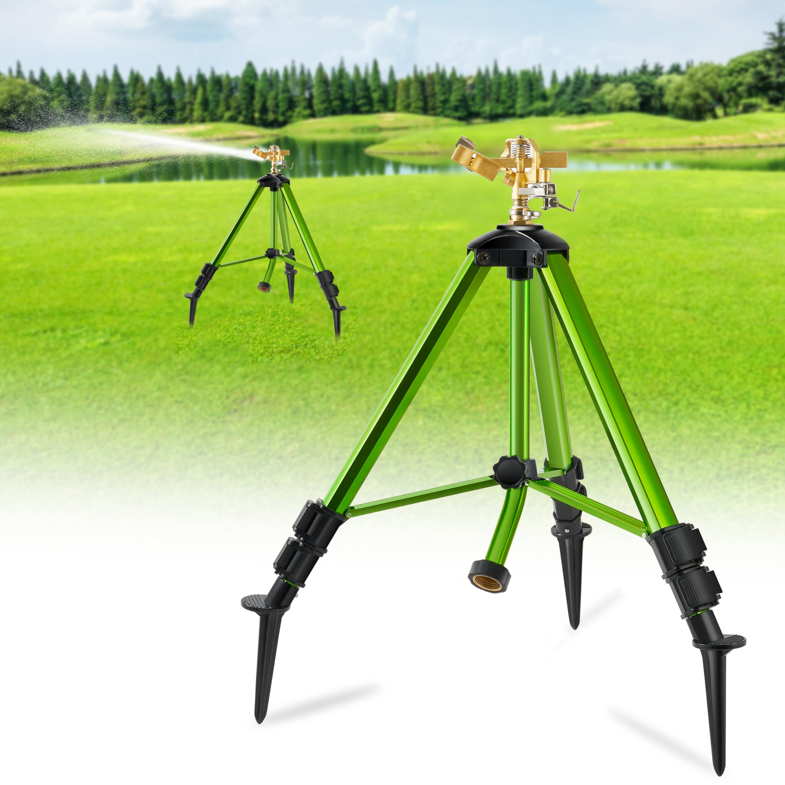 Photo 1 of Impact Sprinklers on Tripod Base with Ground Plugs,Heavy Duty Brass Head Sprinkler with 360 Degree Spray,0-44ft Large Area Irrigation,Tripod Sprinkler with Extension Legs for Yard Garden Lawn,1 Pack