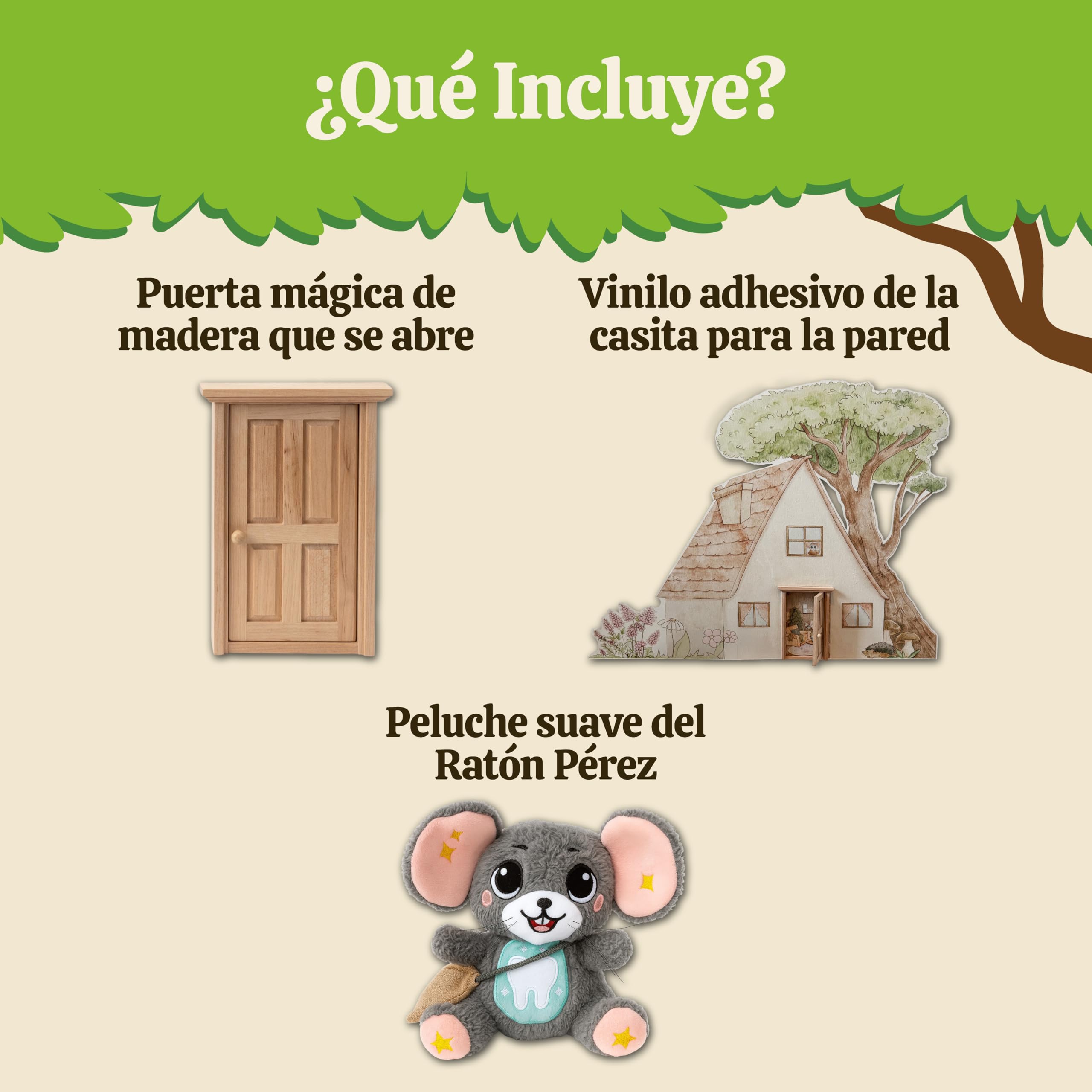 Perez&Fairy Puerta Ratoncito Perez que se Abre | Con Vinilo de Pared, Escalera de Madera y Peluche Raton Pequeño | Kit Casita Ratoncito Perez con Libro de Cuentos y Certificado | Regalo Niño y Niña