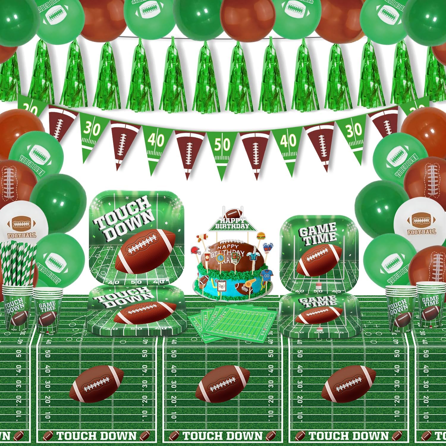 224 Pcs Football party decorations Football Theme Party Supplies Dinnerware Touch Down Plate Napkin, Banner for Sports Theme Birthday Party Football Gameday Tailgate Party Decorations Serve 20