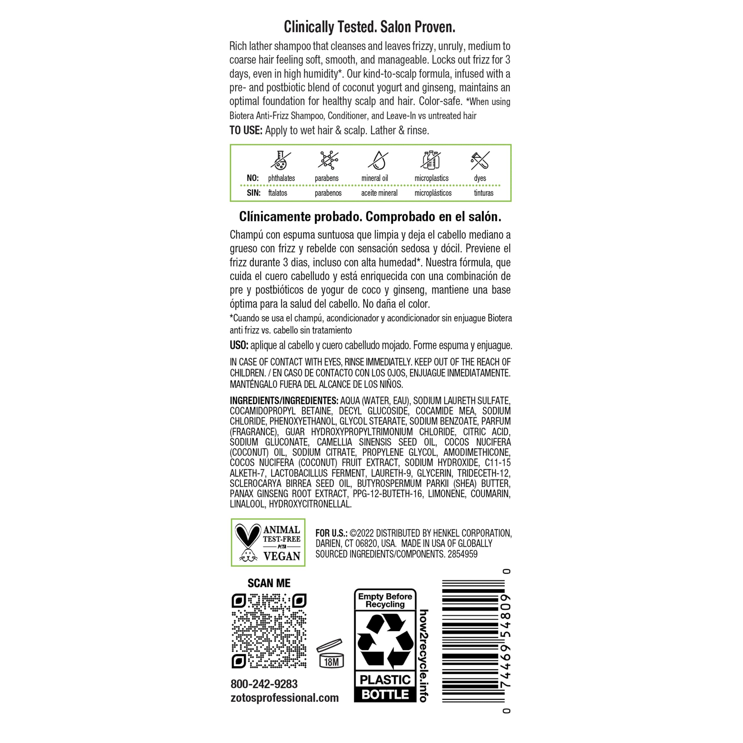 Biotera Anti Frizz Smoothing Shampoo | Smooths & Controls Frizzy, Unruly Hair | Microbiome Friendly | Vegan & Animal Test Free | Paraben Free | Color-Safe