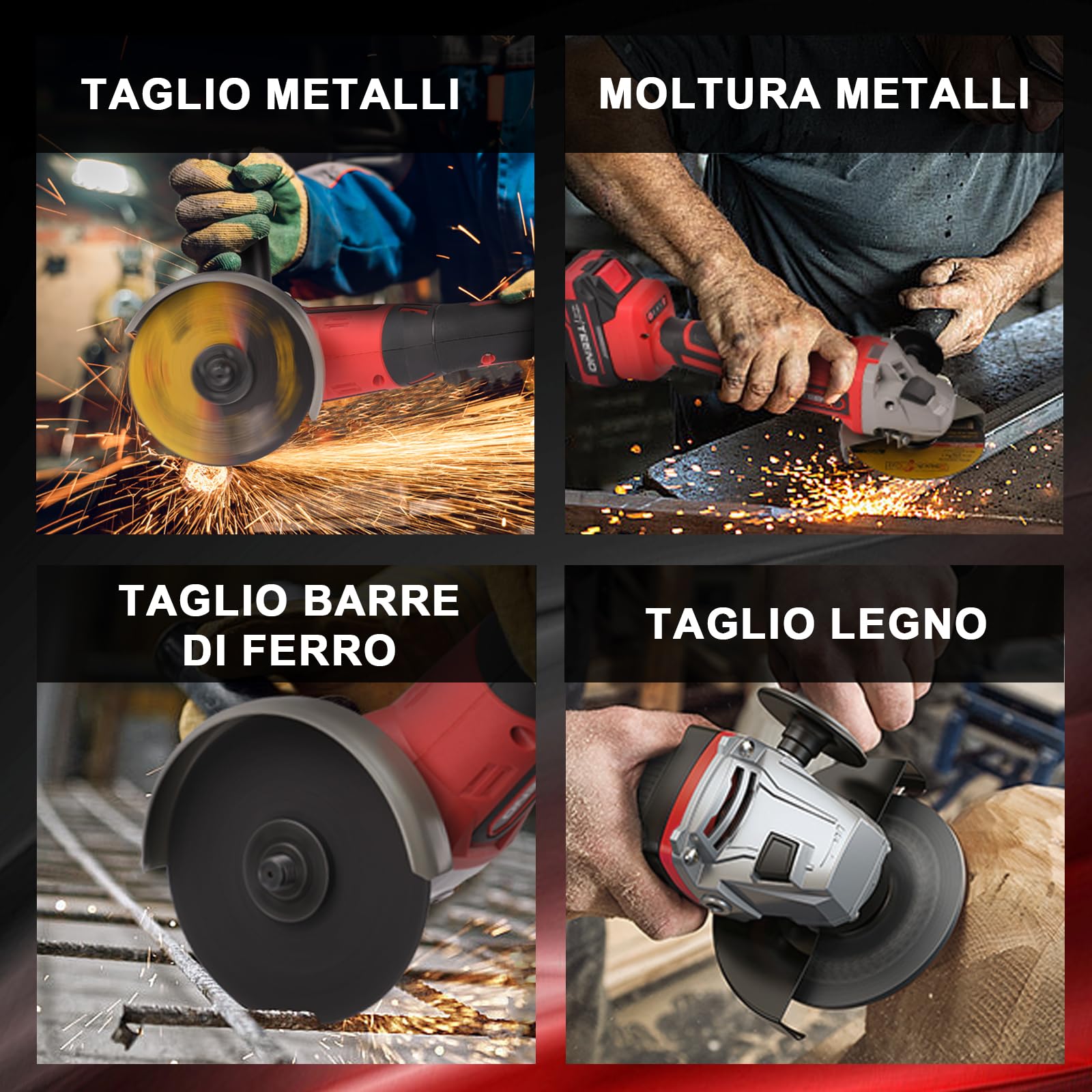 TEENO Smerigliatrice a Batteria 9100 RPM丨21V丨1000W Motore Brushless | 1000W丨dotata di 2 batterie da 4.0Ah丨velocità di rotazione 9100tr/min丨con valigetta porta attrezzi inclusa