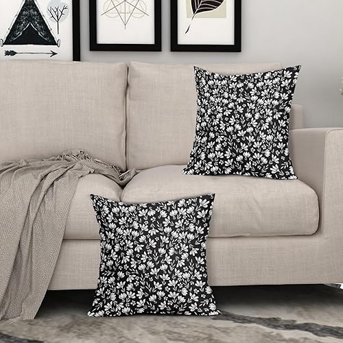 Miniatura 8 de Juego de 2 fundas de almohada florales en blanco y negro de 20 x 20 pulgadas con estampado de bloques de flores vintage, margaritas de algodón y