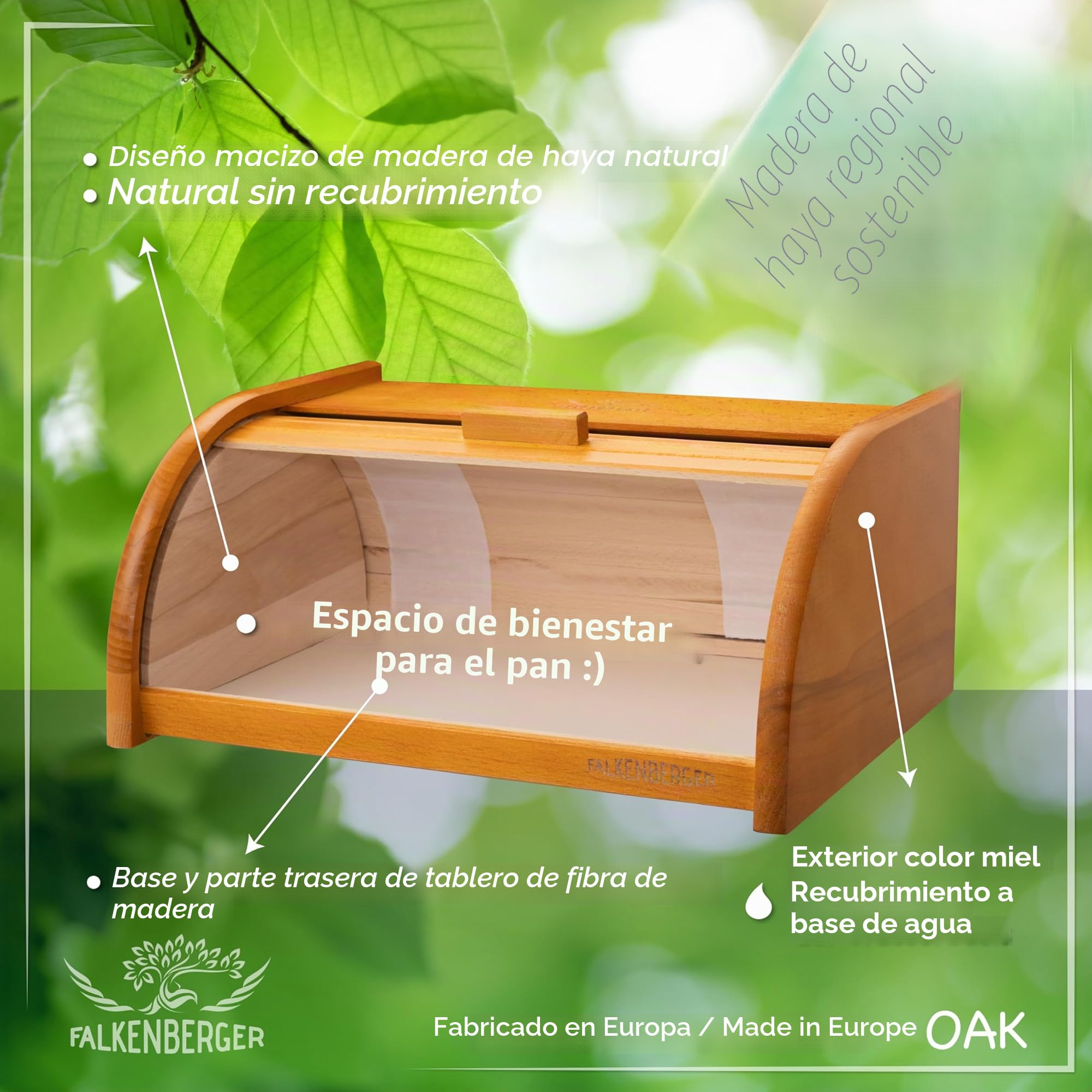 Panera de madera de haya de aproximadamente 39x29x18 cm, panera de pan enrollado tradicional con tapa enrollable hecha a mano