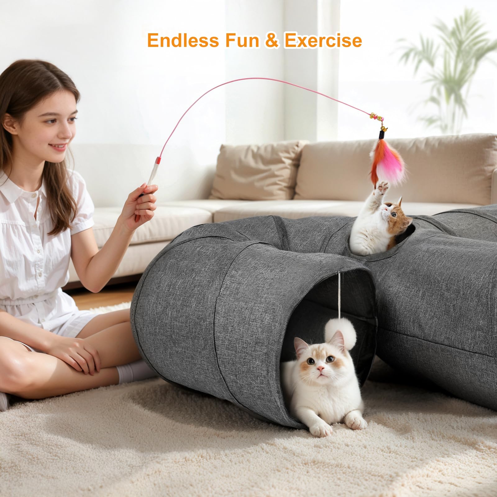 Ownpets Tunnel per gatti, materiale in tessuto con palla e teaser, espandibile e pieghevole, tunnel da gioco per gatti, cuccioli, conigli, grigio