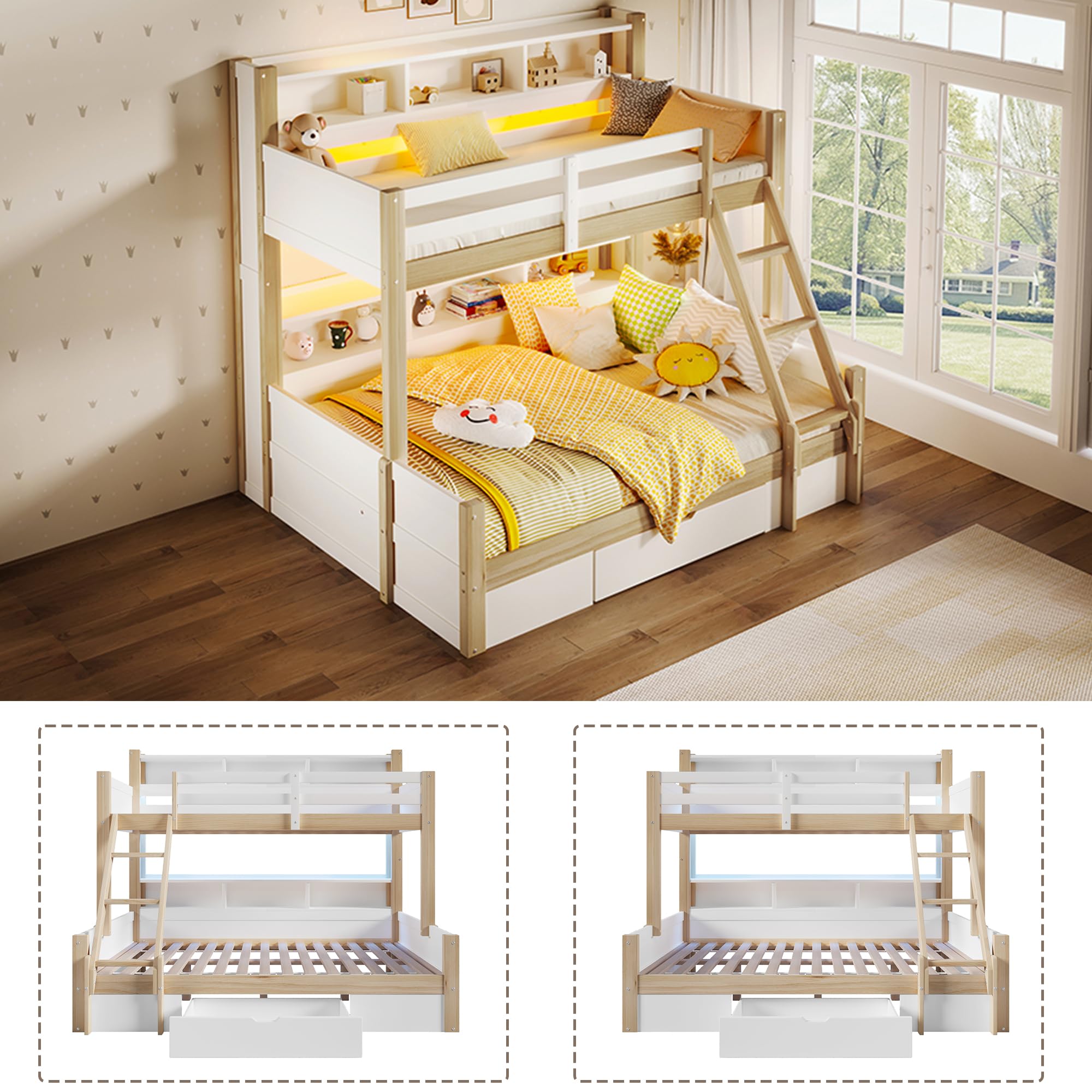 Litera, 90 x 200 cm+140 x 200 cm, escalera, barandilla, varios armarios abiertos, posición de escalera opcional, 1 cajón, barra de luz LED, sin colchón (blanco + natural)