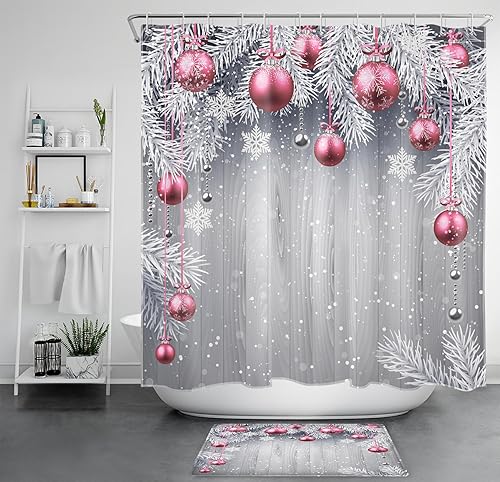 LB Pink Christmas Shower Curtain Sets with Rugs Snowflake and Fir Twigs with Xmas Ball on Rustic Grey Wood Fabric Shower Curtain with Hooks Winter